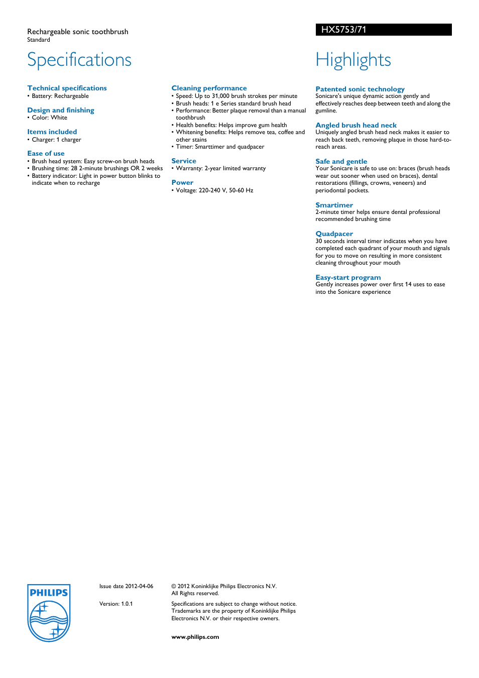 Specifications, Highlights | Philips HX5753-71 User Manual | Page 2 / 2