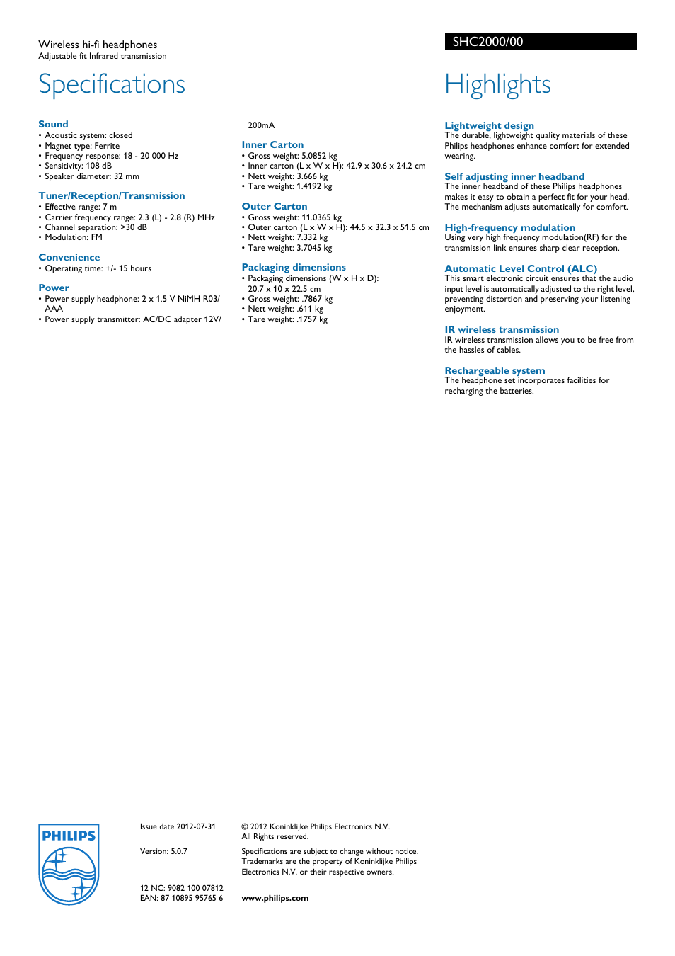 Specifications, Highlights | Philips SHC2000-00 User Manual | Page 2 / 2