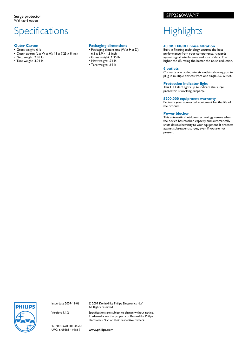 Specifications, Highlights | Philips SPP2360WA-17 User Manual | Page 2 / 2