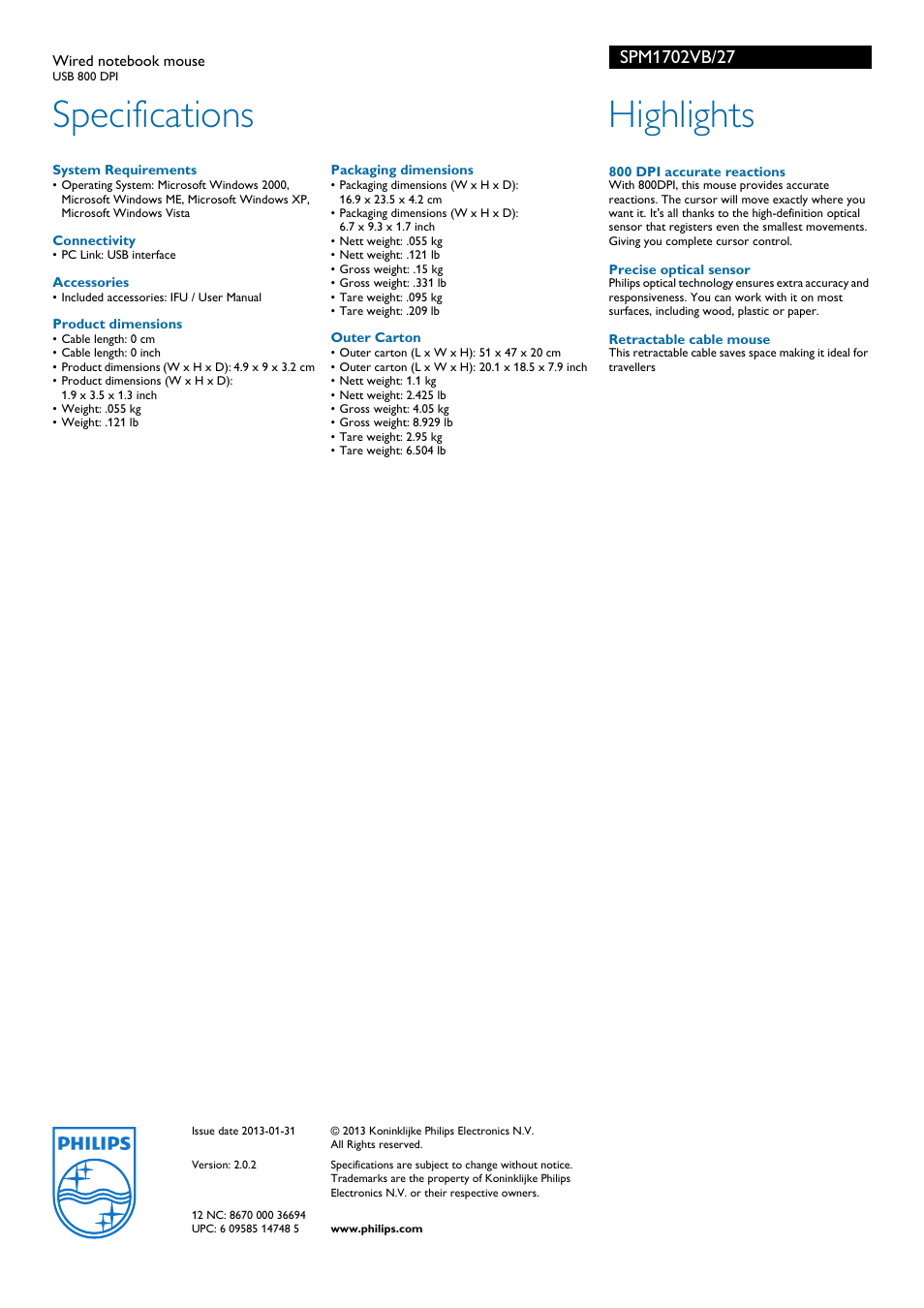 Specifications, Highlights | Philips SPM1702VB-27 User Manual | Page 2 / 2