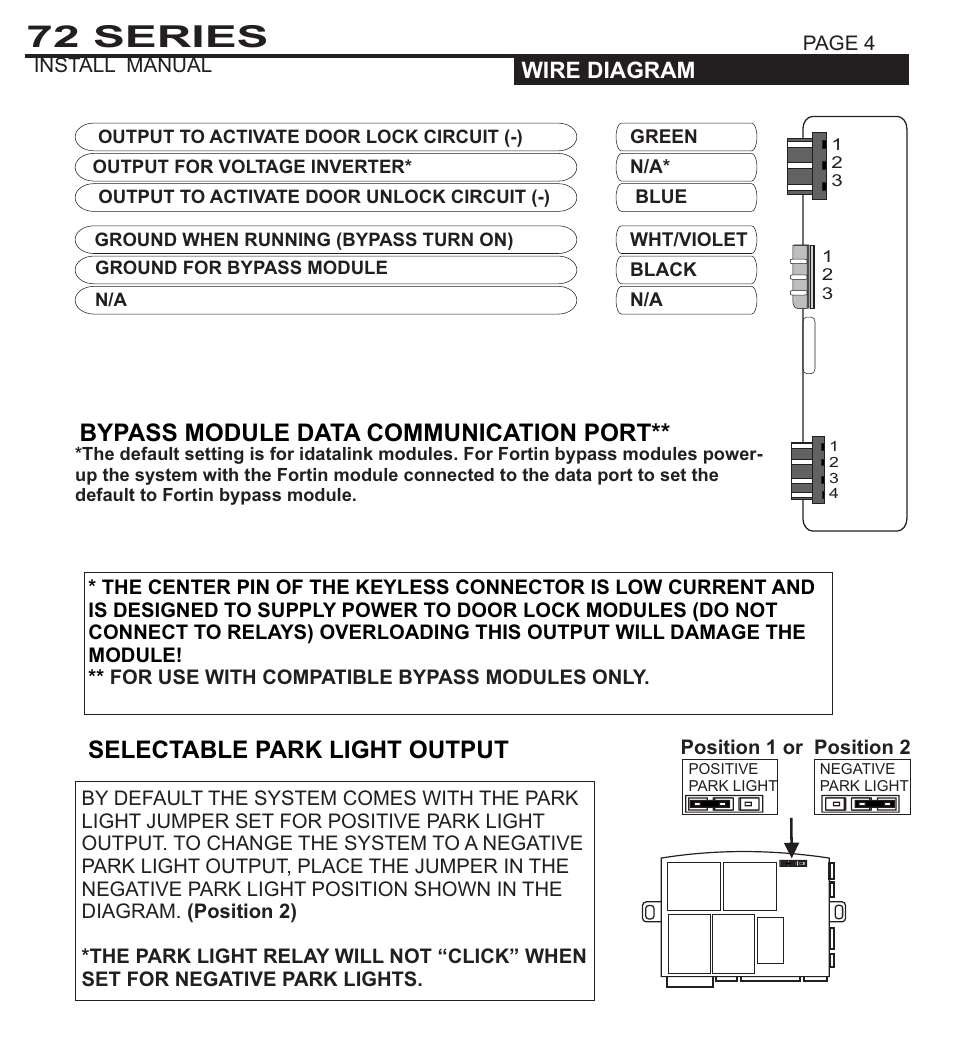 72 series, Selectable park light output, Bypass module data communication port | Ultra Start 1172 User Manual | Page 4 / 16