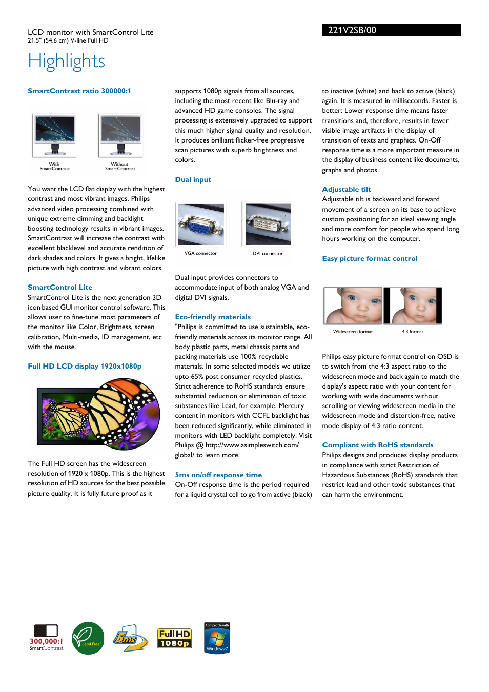 Highlights | Philips 221V2SB-00 User Manual | Page 2 / 3