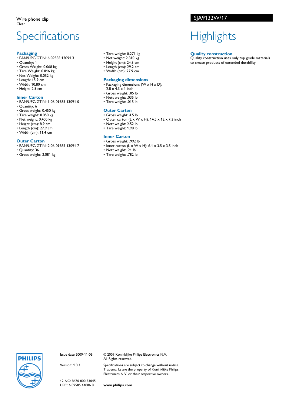 Specifications, Highlights | Philips SJA9132W-17 User Manual | Page 2 / 2