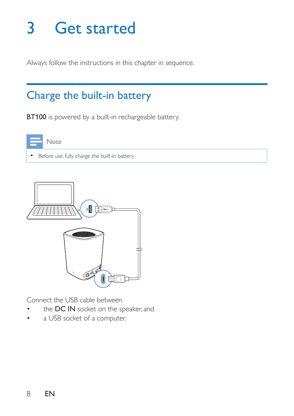 3 get started, Charge the built-in battery | Philips BT100B-37 User Manual | Page 10 / 20