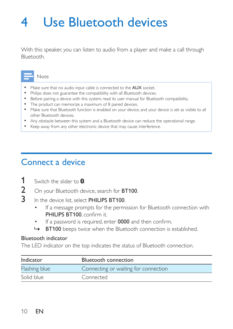 4 use bluetooth devices, Connect a device, Connect a device 1 | Philips BT100B-37 User Manual | Page 12 / 20