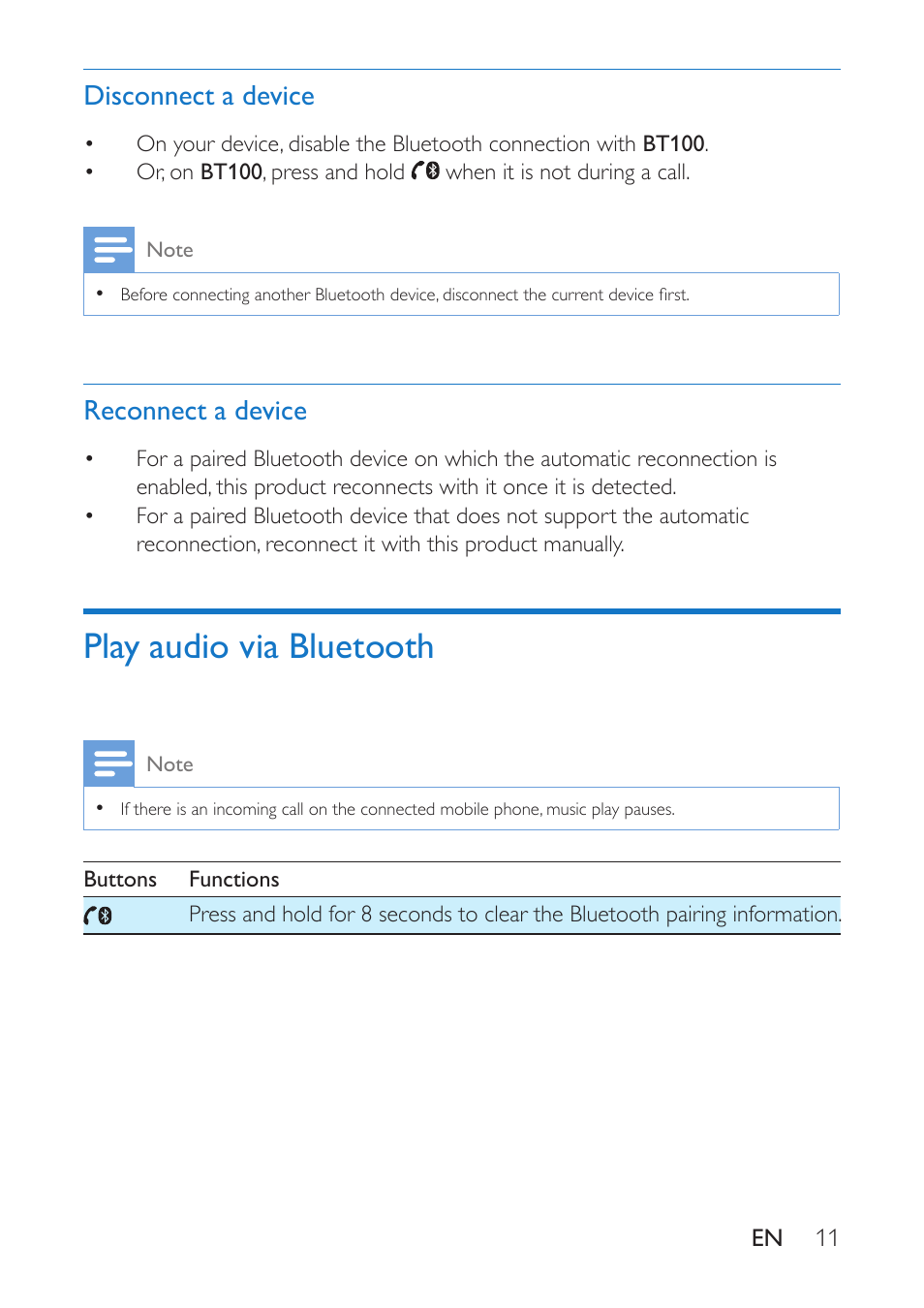 Play audio via bluetooth, Disconnect a device, Reconnect a device | Philips BT100B-37 User Manual | Page 13 / 20