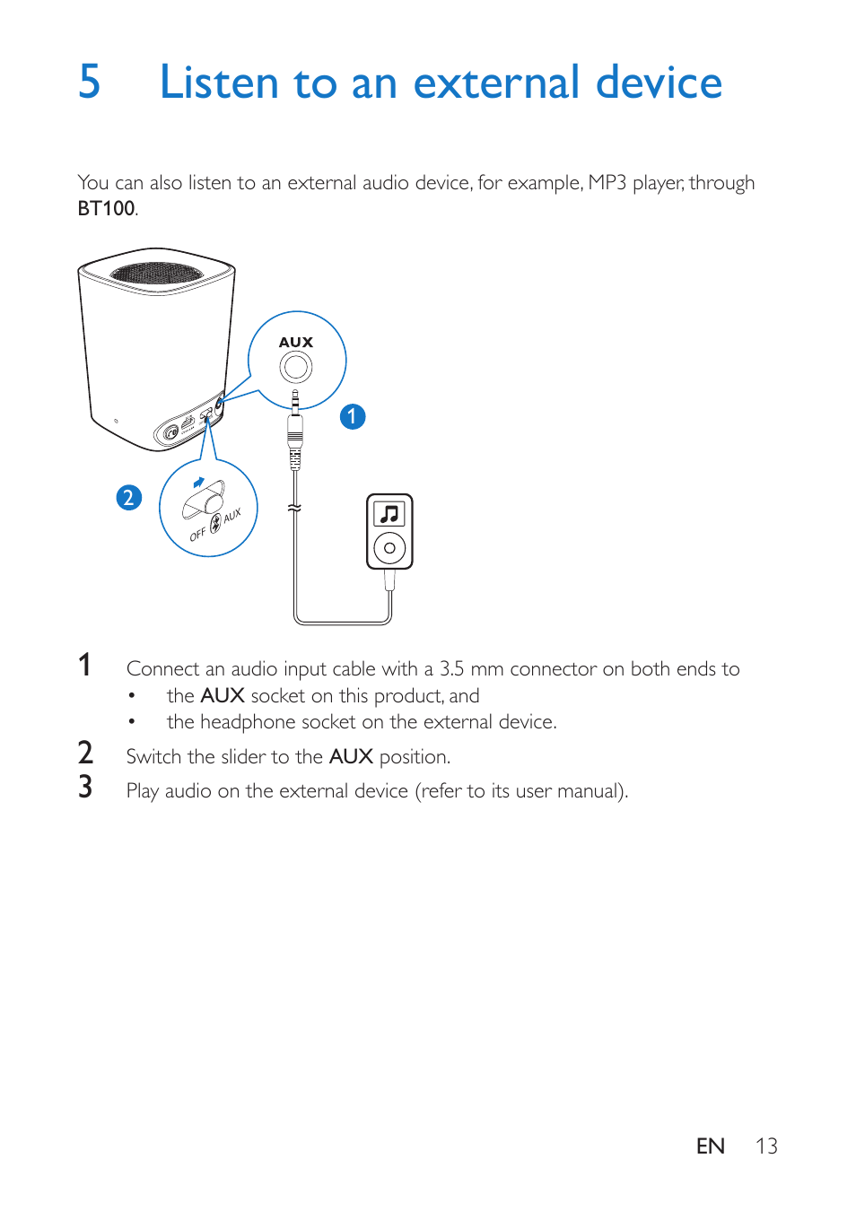 5 listen to an external device | Philips BT100B-37 User Manual | Page 15 / 20