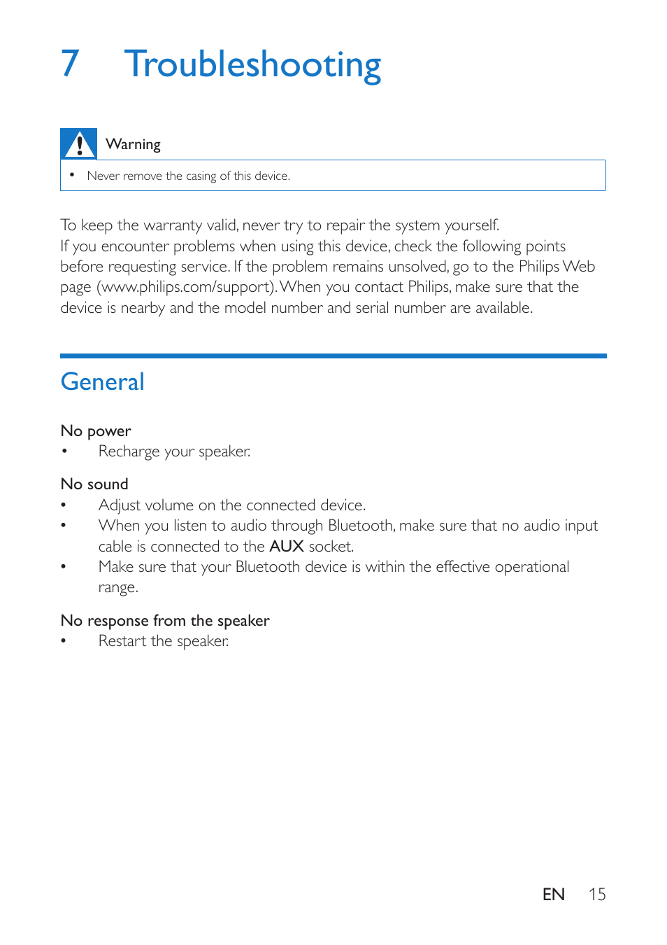 7 troubleshooting, General, General 15 | Philips BT100B-37 User Manual | Page 17 / 20