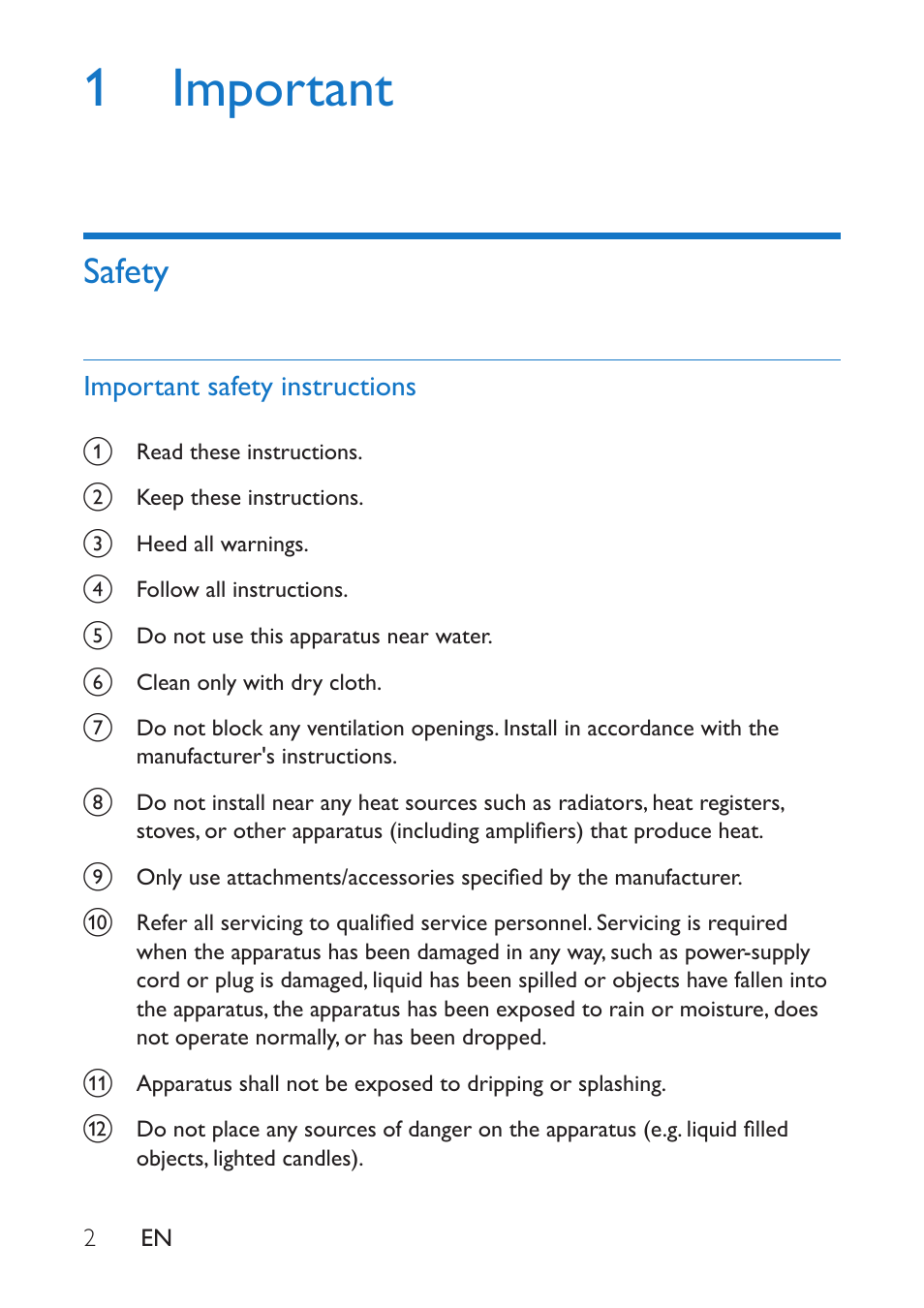 1 important, Safety, Safety 2 | Important safety instructions | Philips BT100B-37 User Manual | Page 4 / 20
