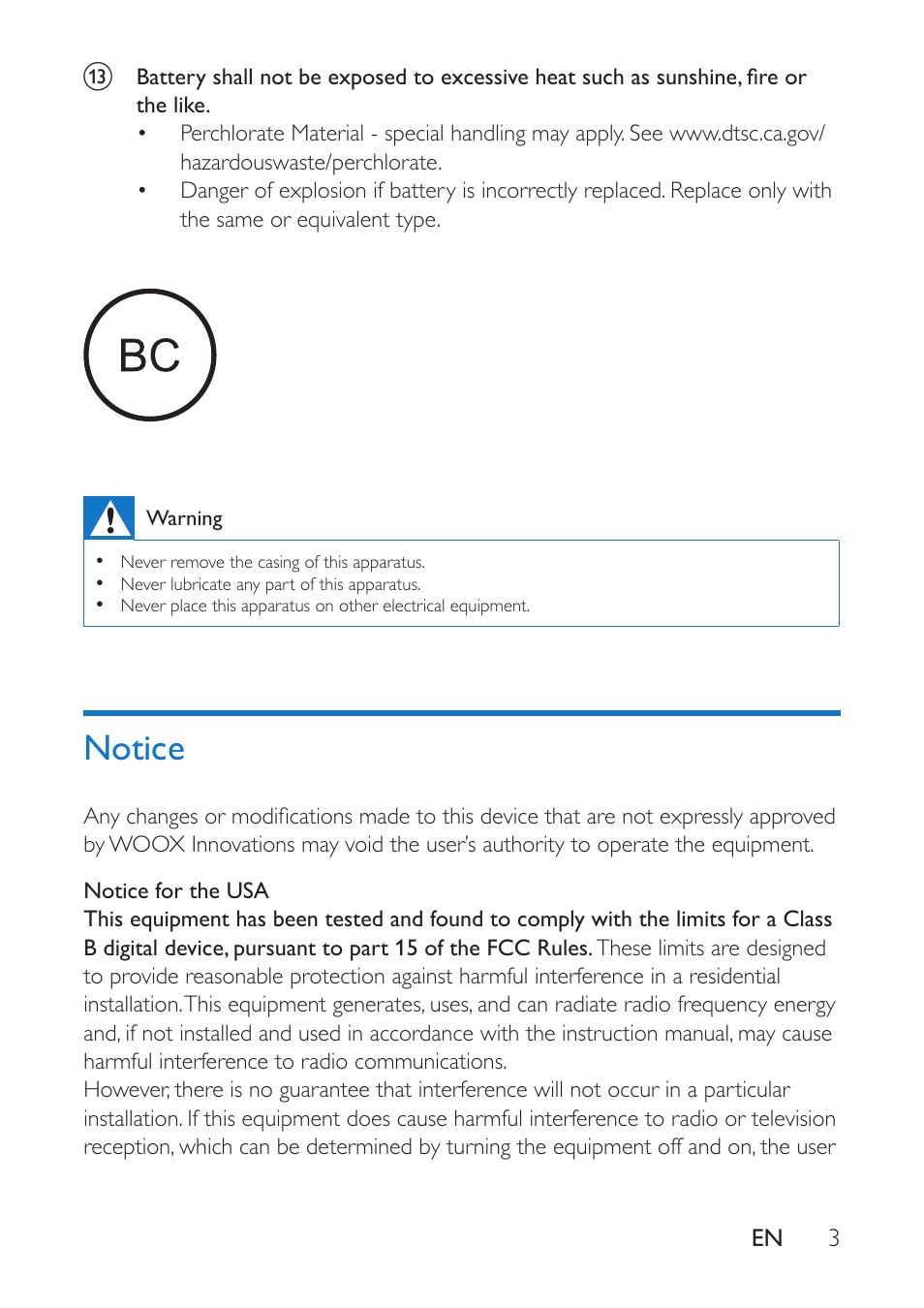 Notice, Notice 3 | Philips BT100B-37 User Manual | Page 5 / 20