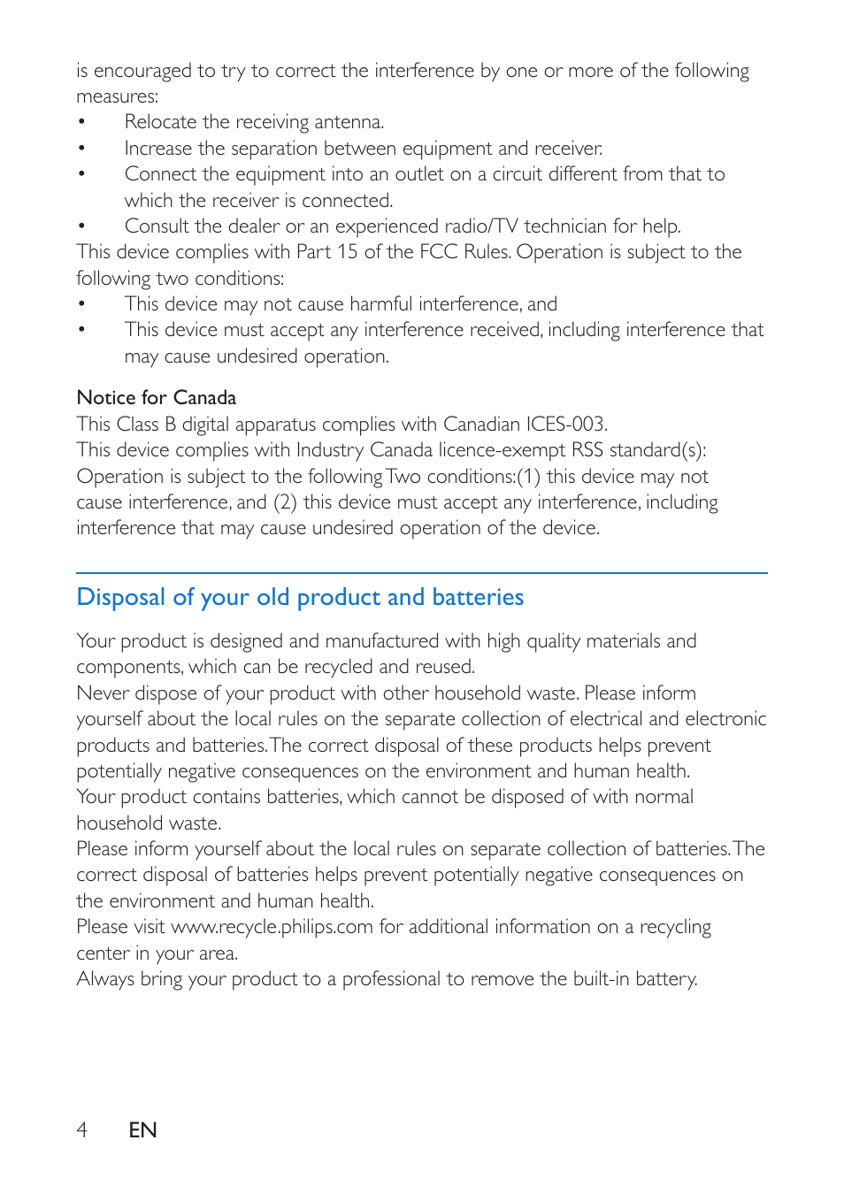 Disposal of your old product and batteries | Philips BT100B-37 User Manual | Page 6 / 20