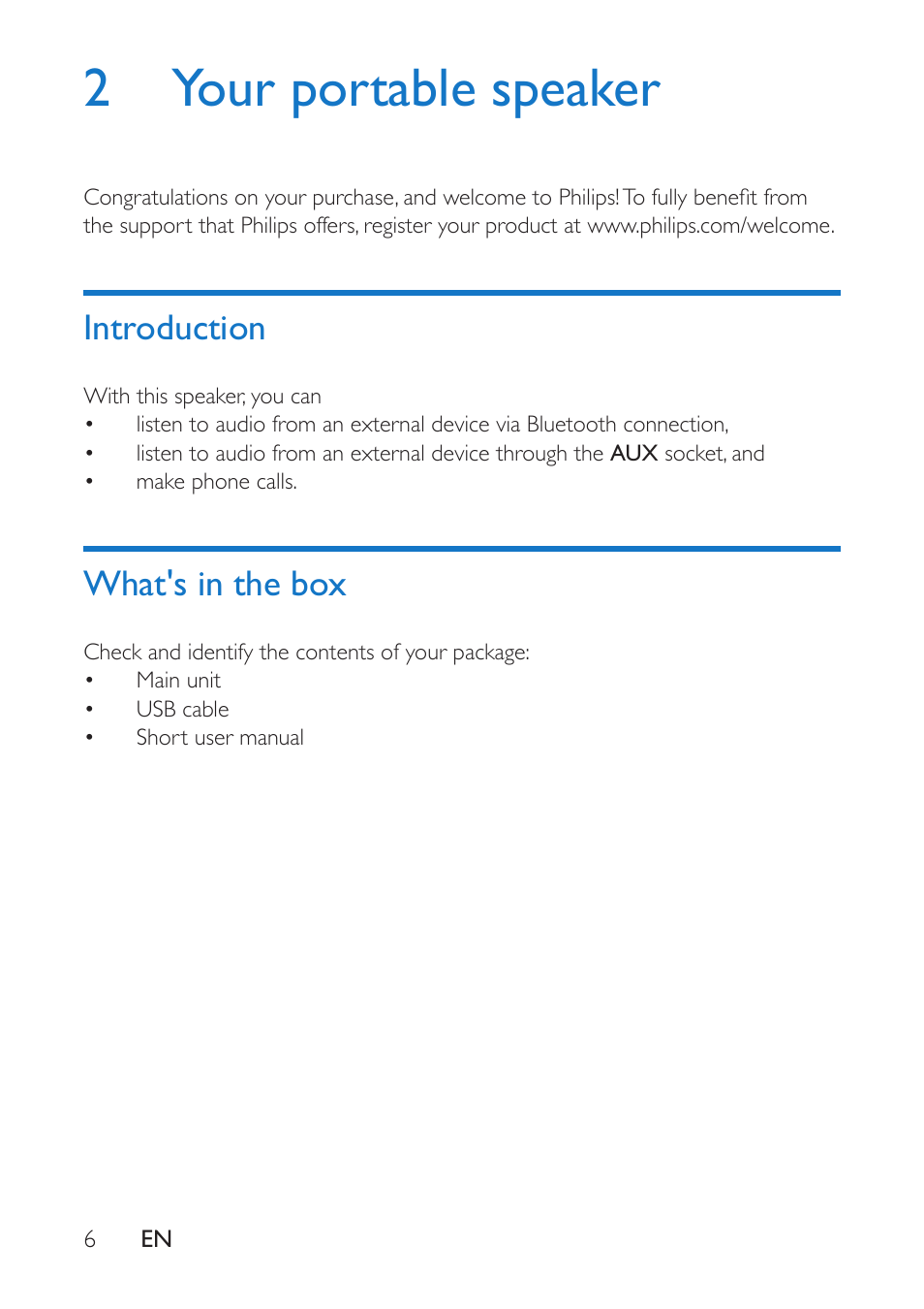 2 your portable speaker, Introduction, What's in the box | Introduction 6 | Philips BT100B-37 User Manual | Page 8 / 20