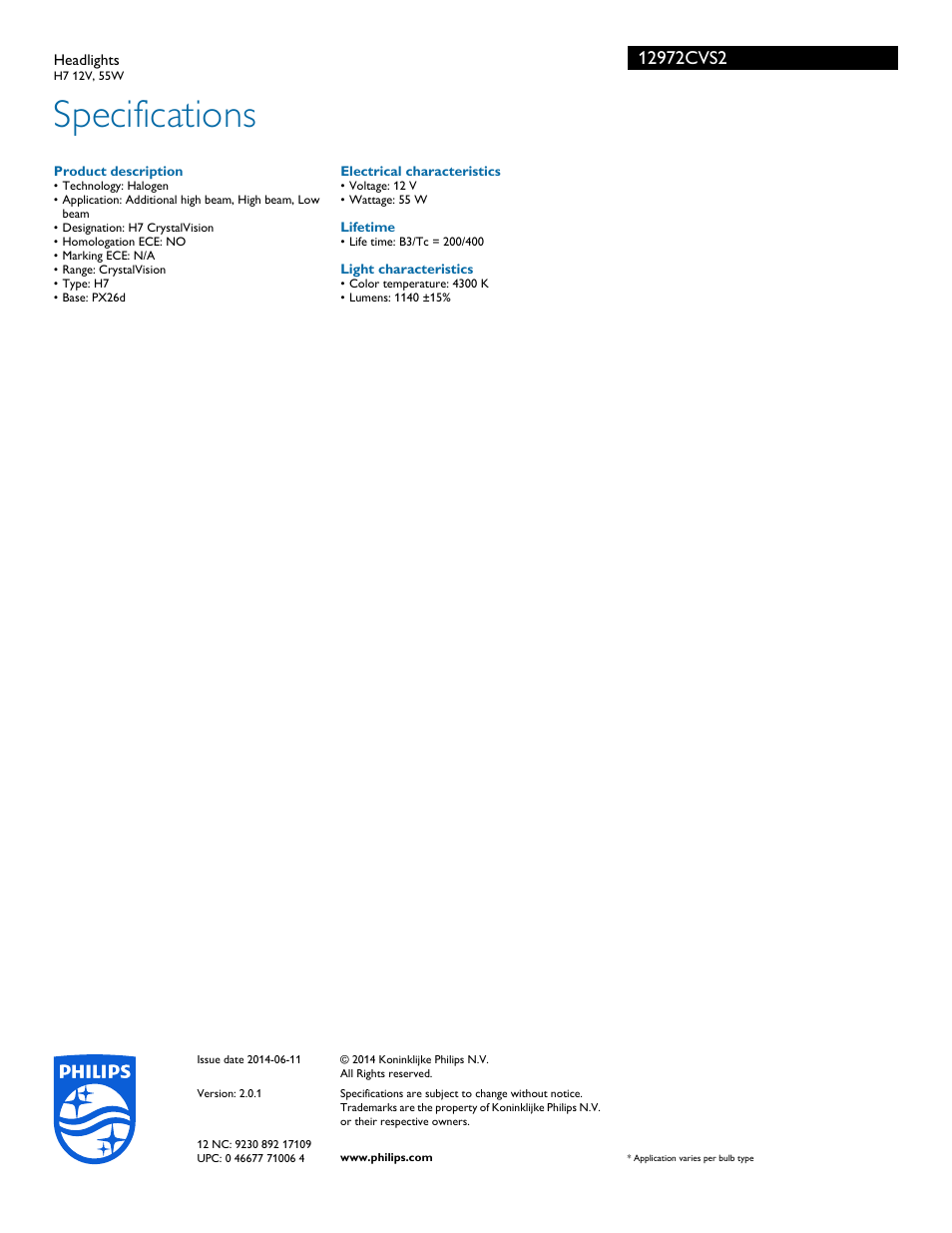 Specifications | Philips 12972CVS2 User Manual | Page 3 / 3