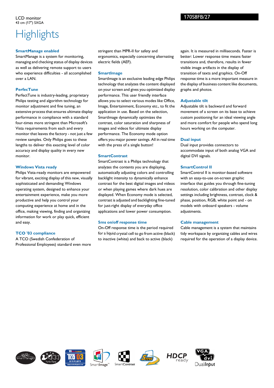 Highlights | Philips 170S8FB-27 User Manual | Page 2 / 3