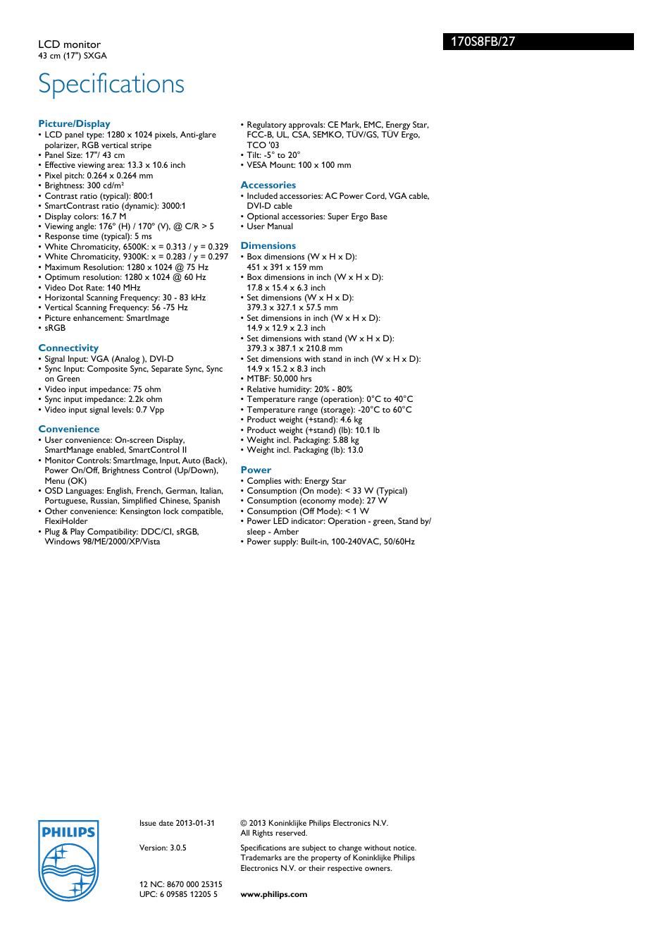 Specifications | Philips 170S8FB-27 User Manual | Page 3 / 3