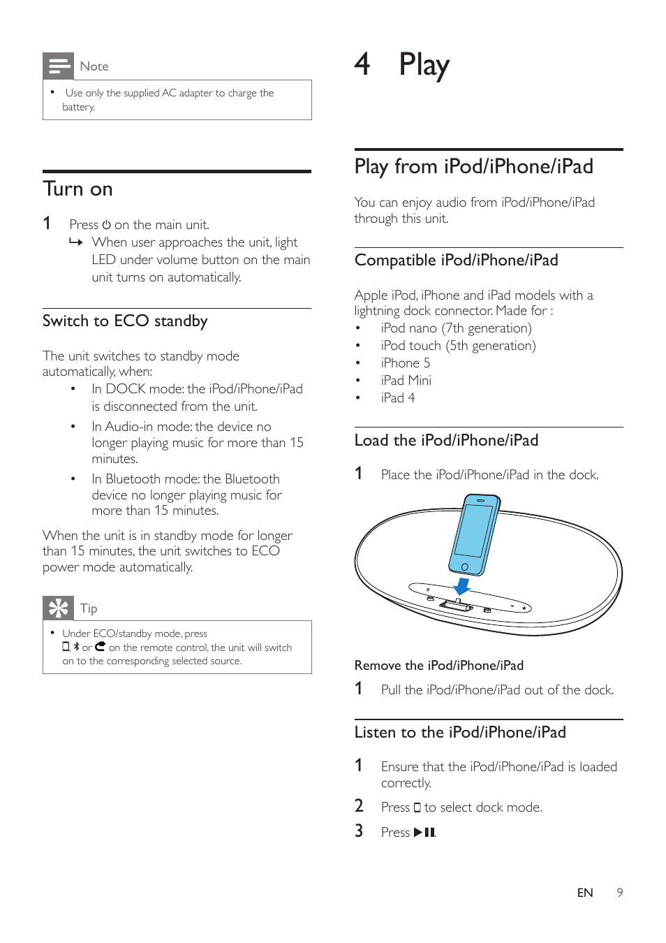 Turn on, 4 play, Play from ipod/iphone/ipad | Philips DS8400-37 User Manual | Page 11 / 18