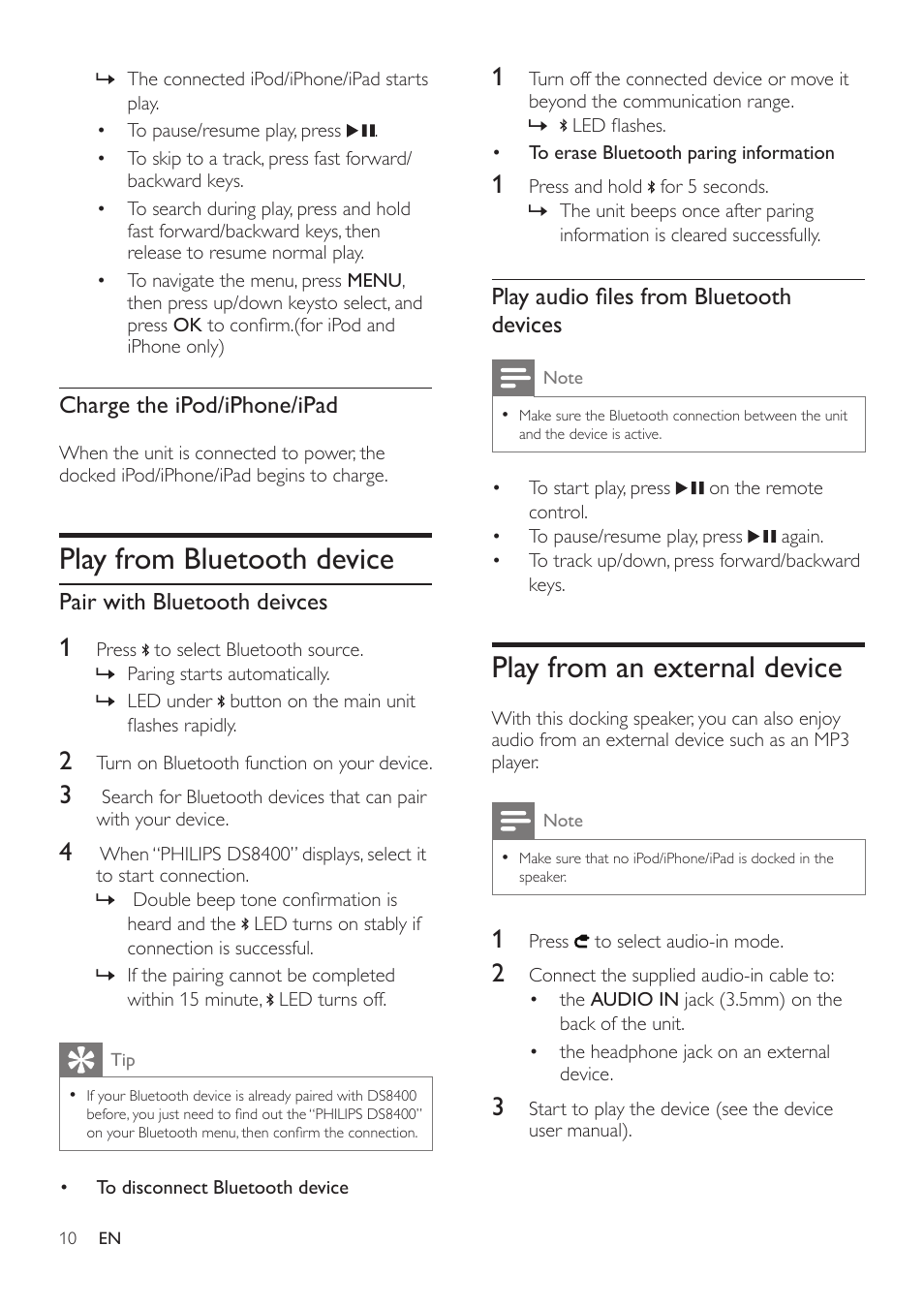 Play from bluetooth device, Play from an external device, Charge the ipod/iphone/ipad | Pair with bluetooth deivces, Play audio files from bluetooth devices | Philips DS8400-37 User Manual | Page 12 / 18