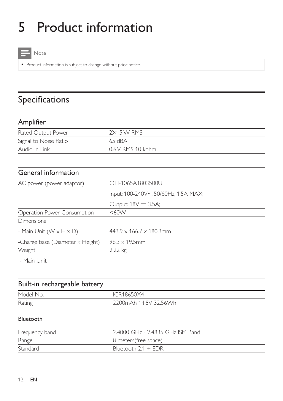 5 product information, Specifications | Philips DS8400-37 User Manual | Page 14 / 18