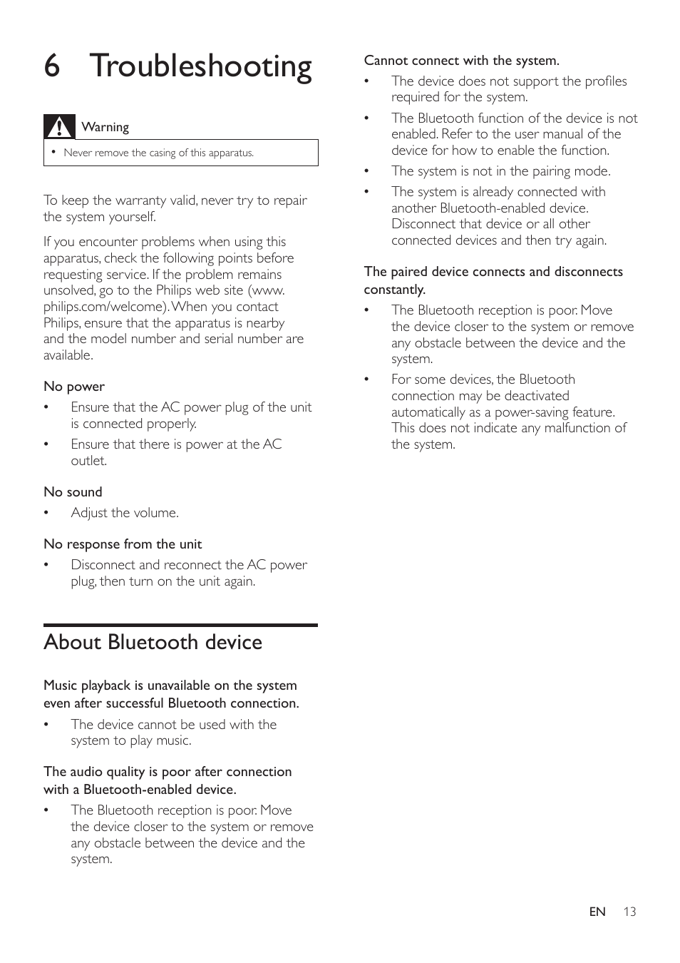 6 troubleshooting, About bluetooth device | Philips DS8400-37 User Manual | Page 15 / 18
