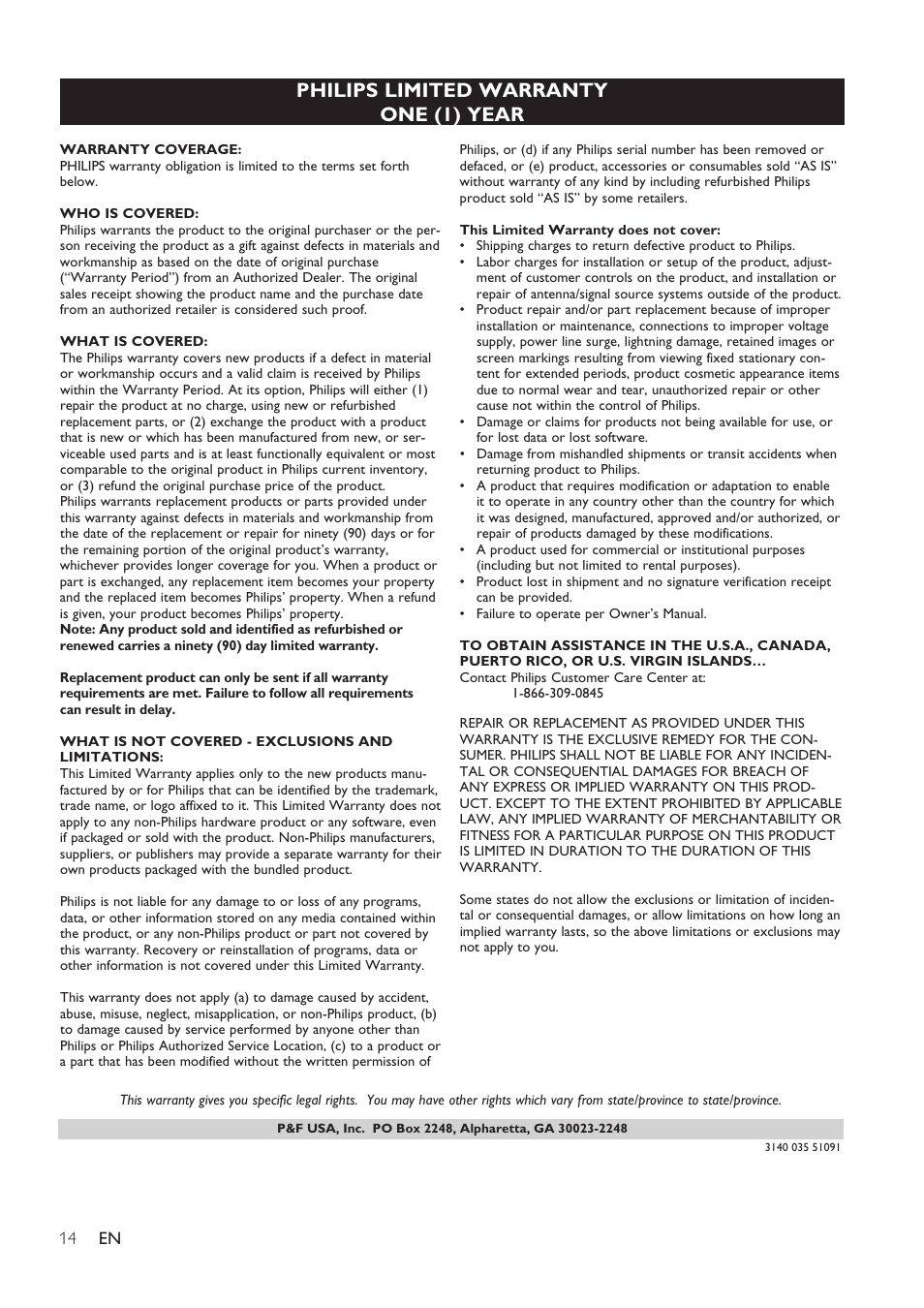 Philips limited warranty one (1) year | Philips DS8400-37 User Manual | Page 16 / 18