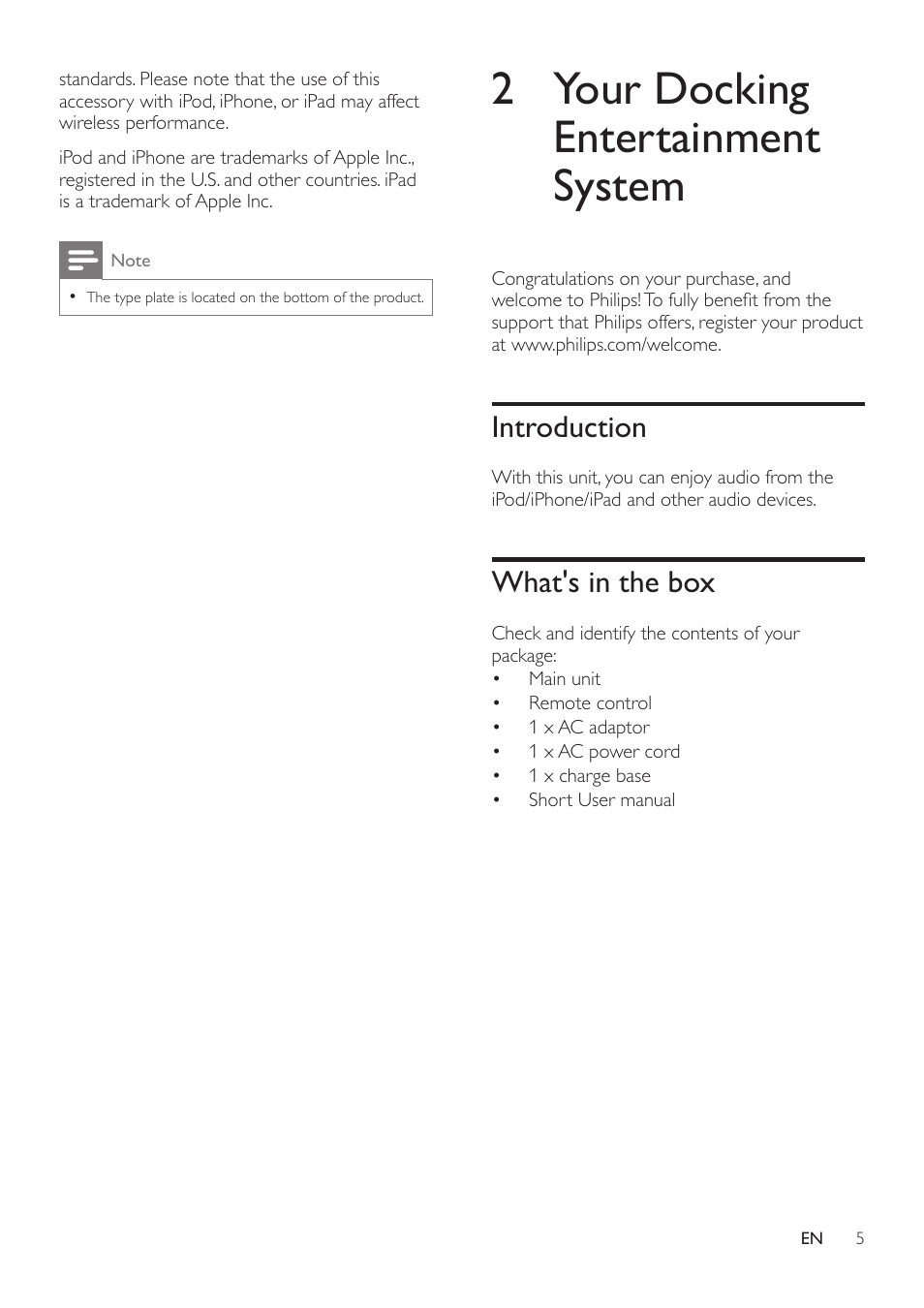 2 your docking entertainment system, Introduction, What's in the box | Introduction 5 | Philips DS8400-37 User Manual | Page 7 / 18