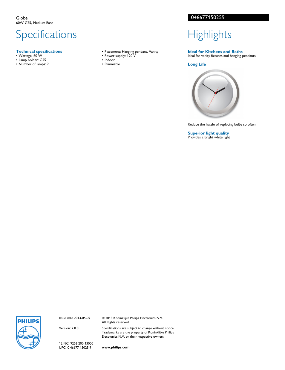 Specifications, Highlights | Philips 046677150259 User Manual | Page 2 / 2