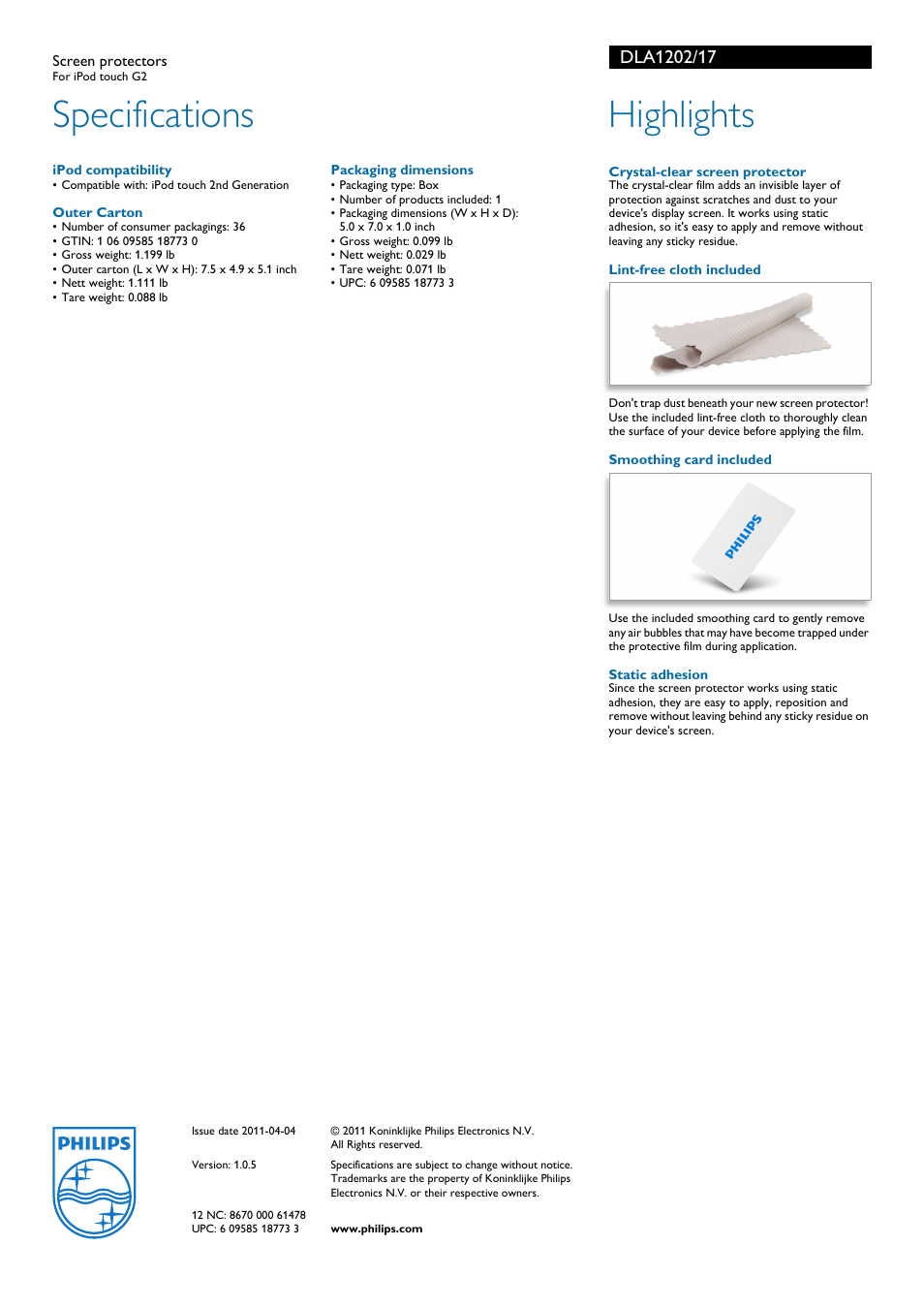 Specifications, Highlights | Philips DLA1202-17 User Manual | Page 2 / 2