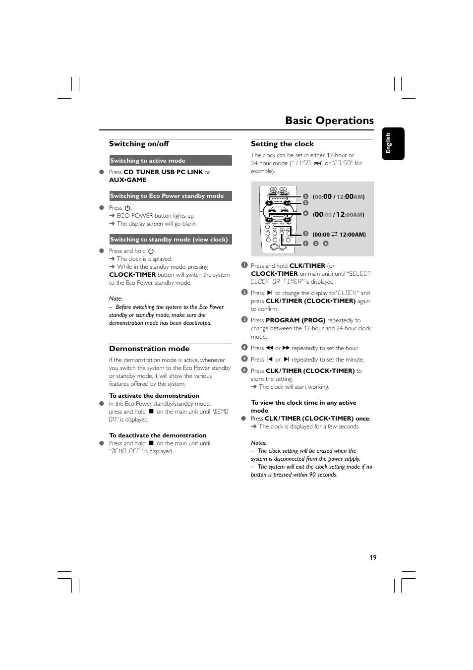 Basic operations, Switching on/off, Demonstration mode | Setting the clock | Philips FWM779-37B User Manual | Page 19 / 30