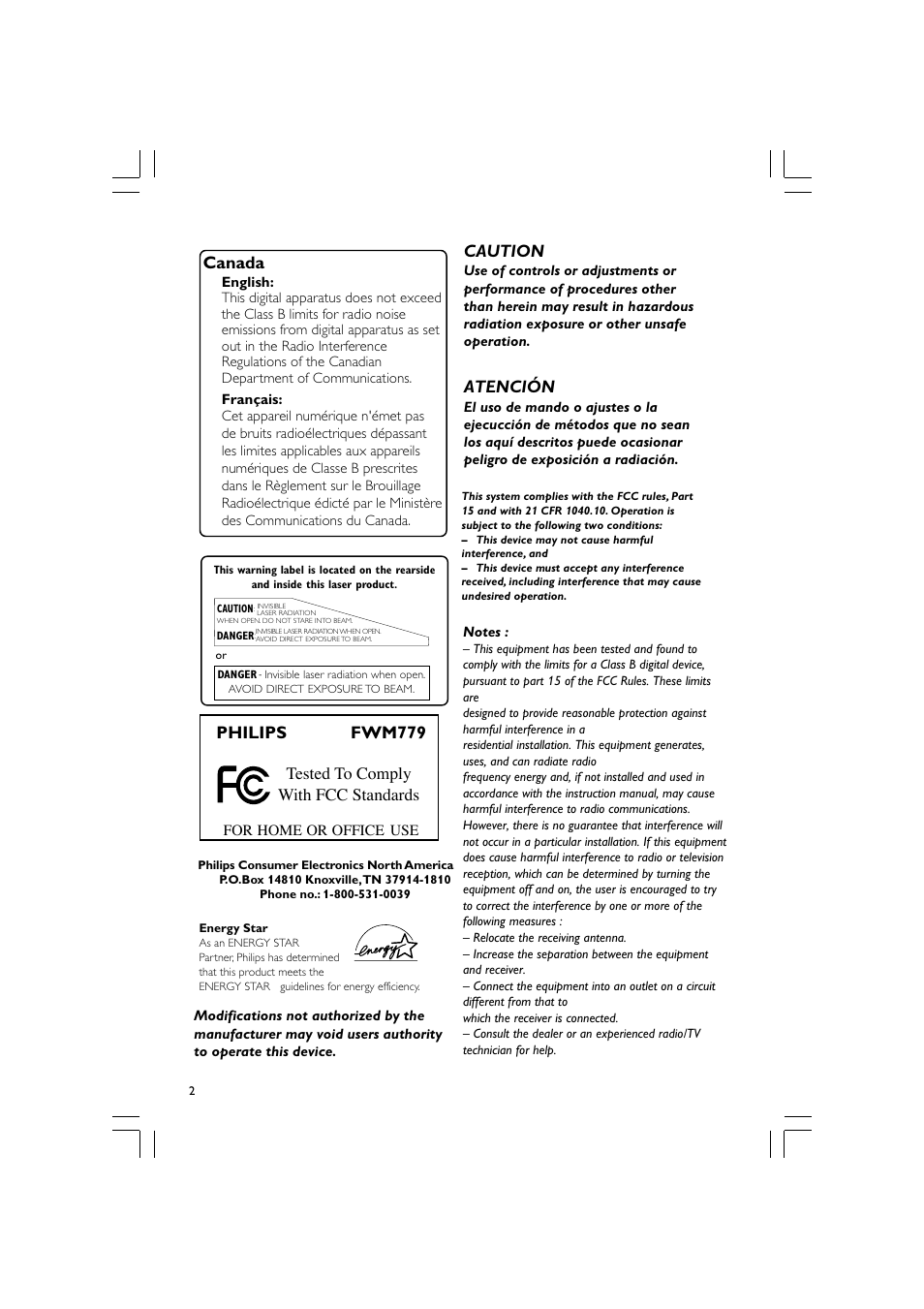 Canada, Caution, Atención | Philips fwm779, Tested to comply with fcc standards | Philips FWM779-37B User Manual | Page 2 / 30