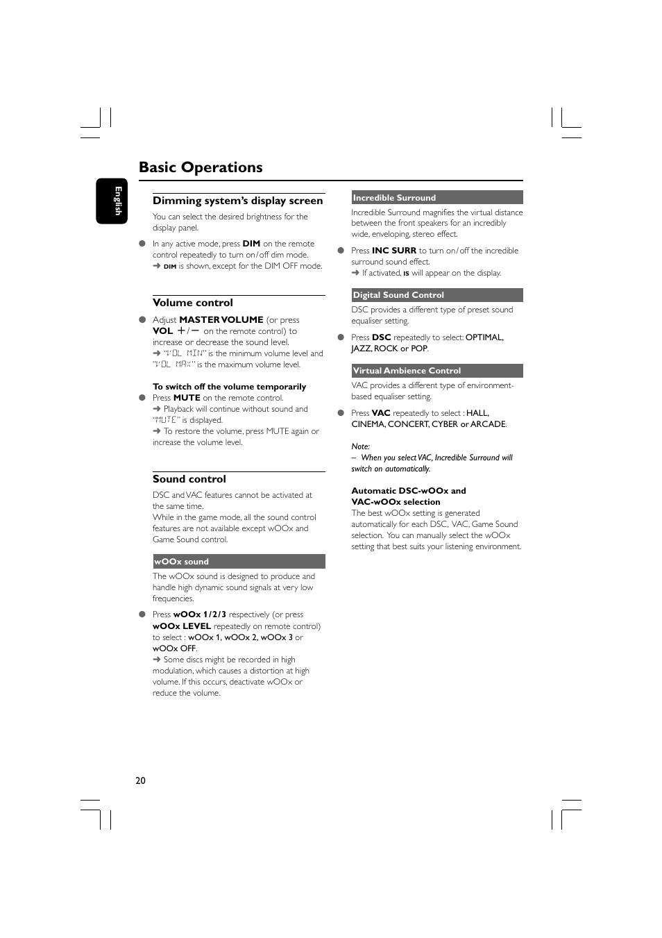 Basic operations, Dimming system’s display screen, Volume control | Sound control | Philips FWM779-37B User Manual | Page 20 / 30