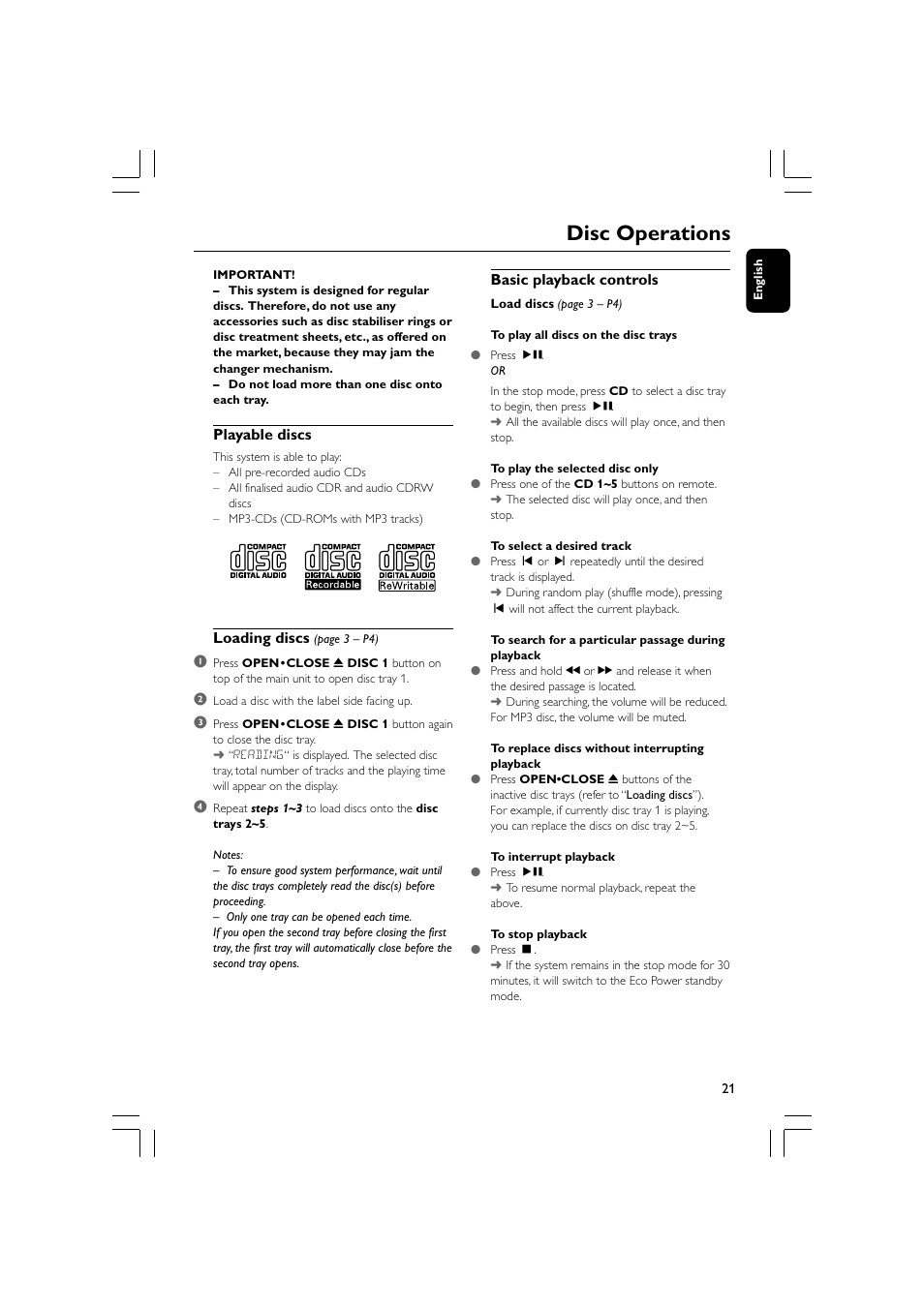 Disc operations, Playable discs, Loading discs | Basic playback controls | Philips FWM779-37B User Manual | Page 21 / 30