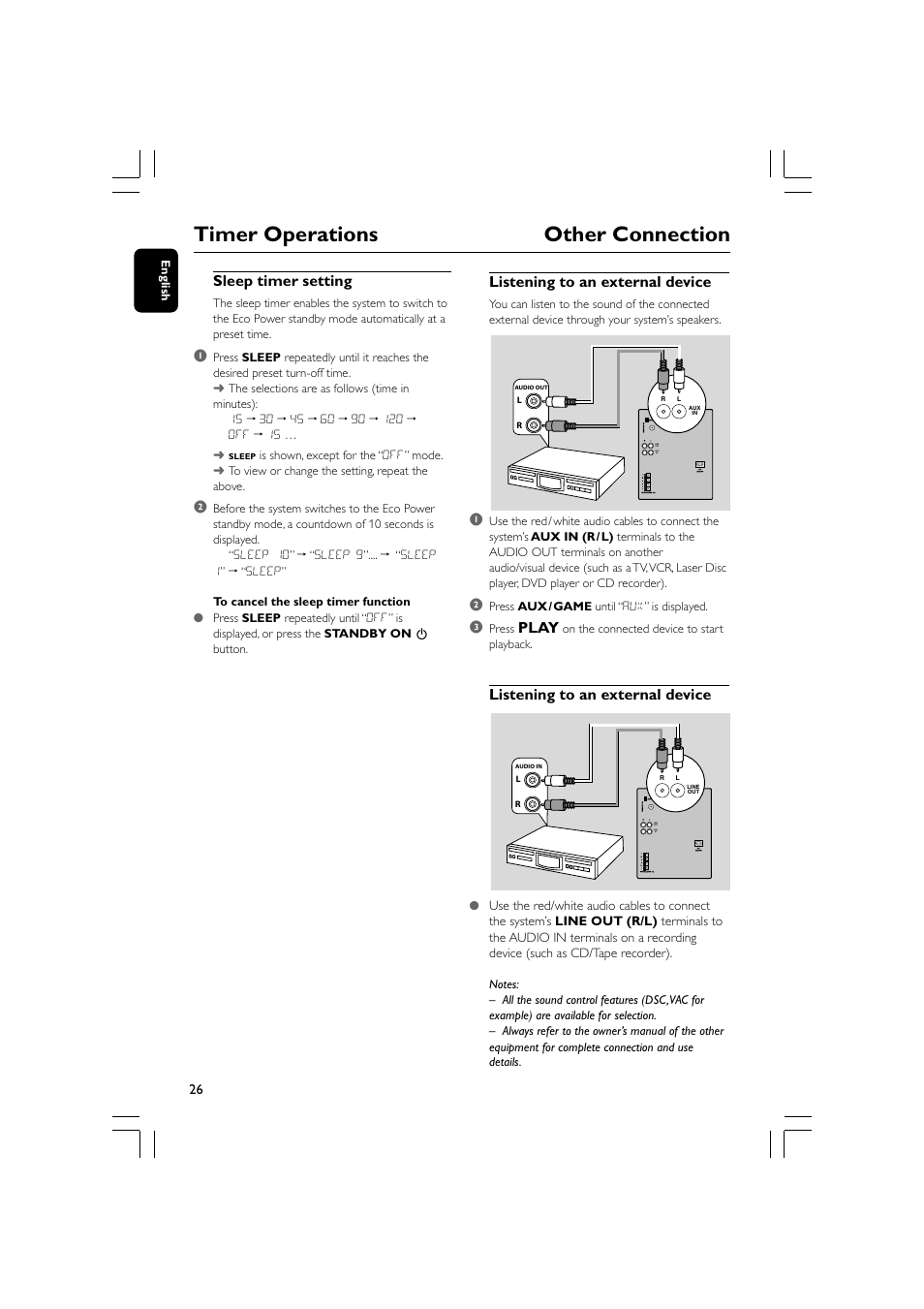 Timer operations other connection, Listening to an external device, Play | Sleep timer setting | Philips FWM779-37B User Manual | Page 26 / 30