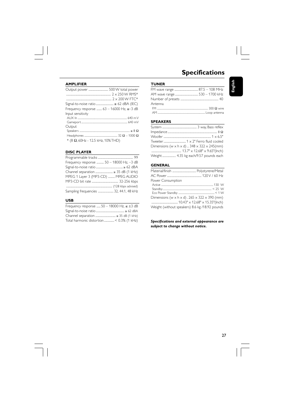 Specifications | Philips FWM779-37B User Manual | Page 27 / 30