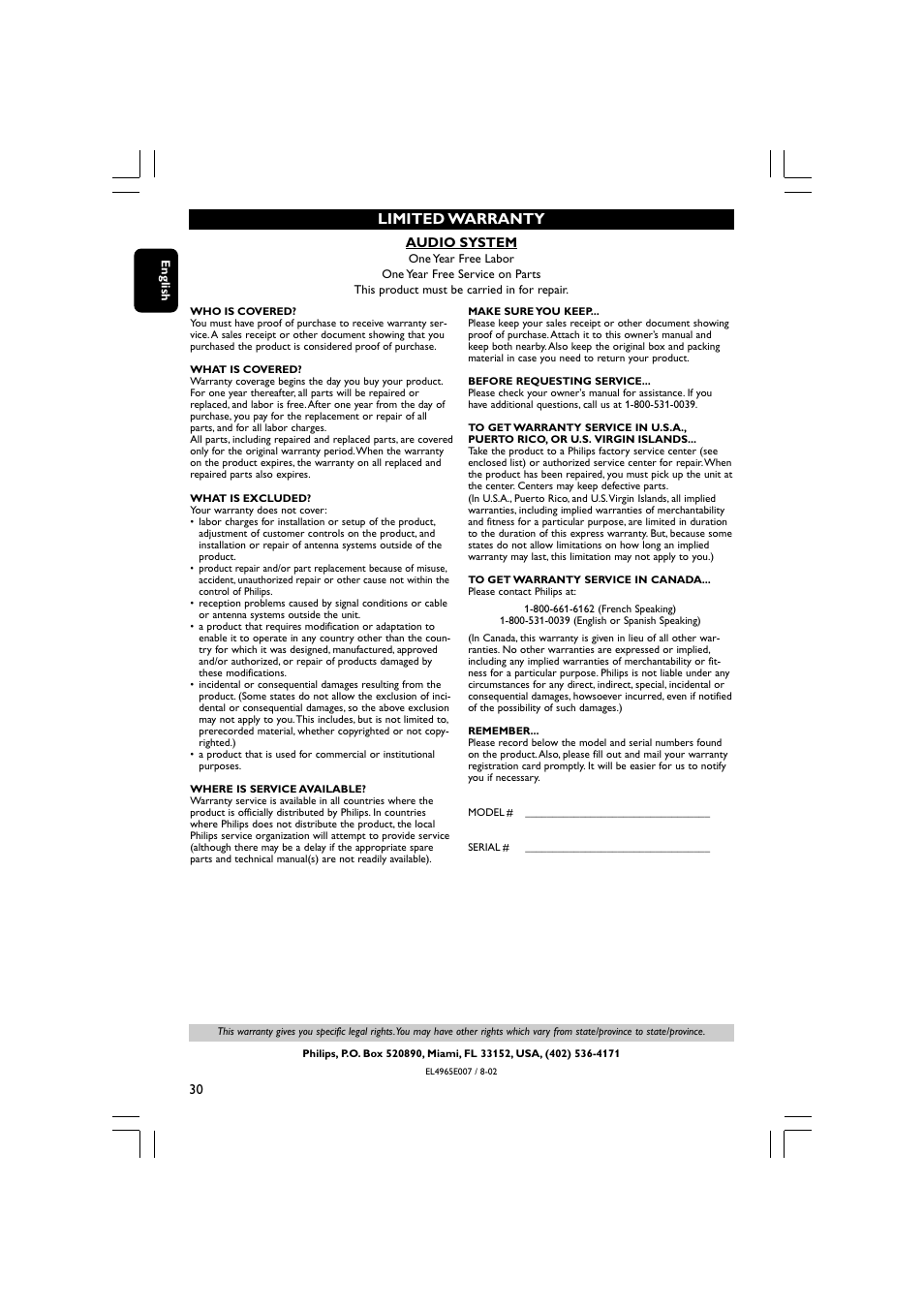 Limited warranty | Philips FWM779-37B User Manual | Page 30 / 30