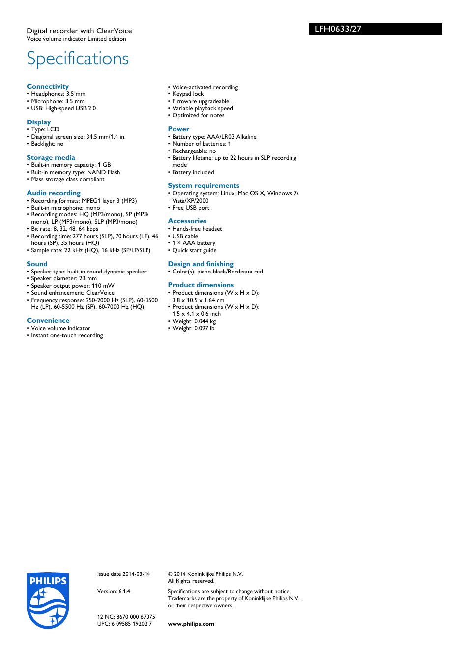 Specifications | Philips LFH0633-27 User Manual | Page 3 / 3