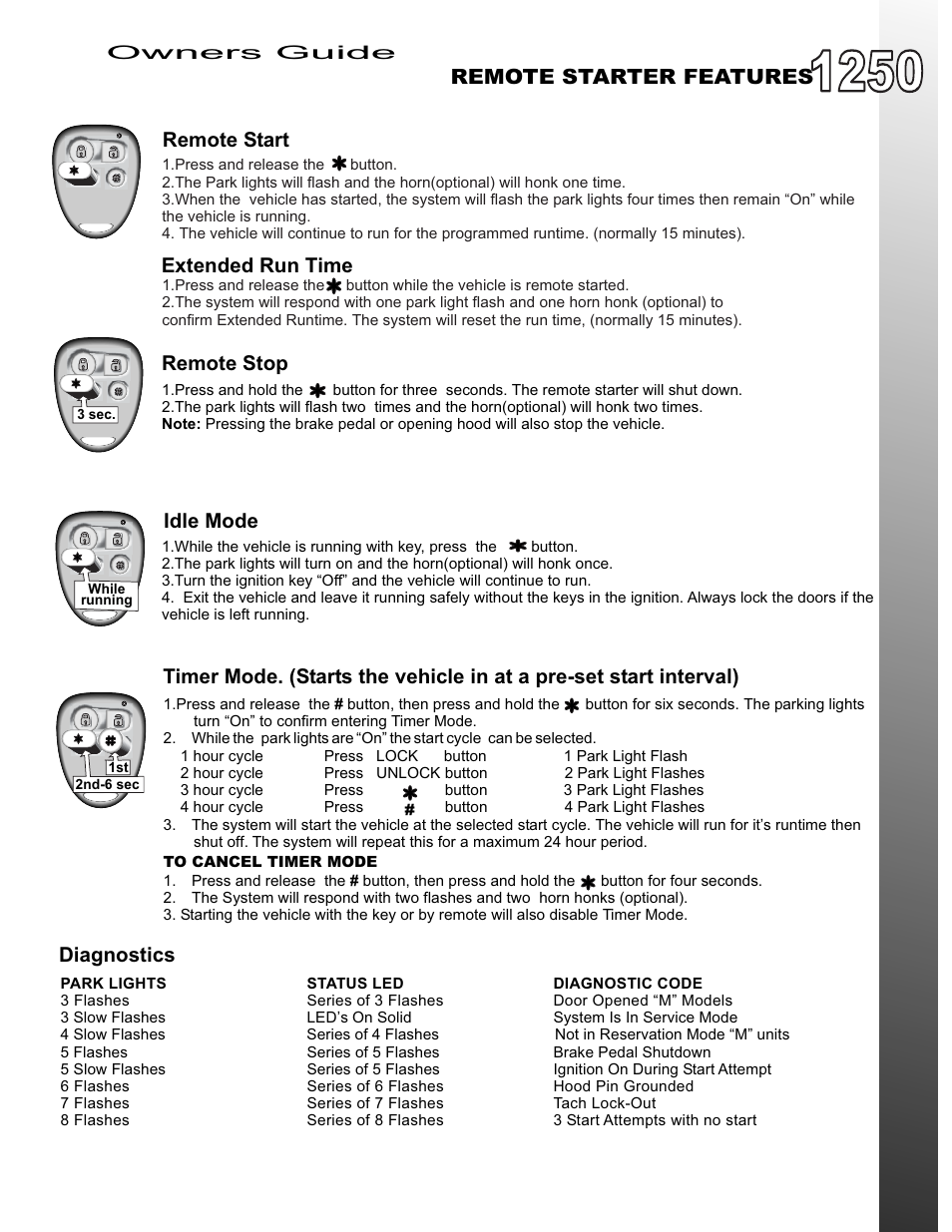 Remote starter features, Diagnostics remote stop idle mode, Remote start extended run time | Ultra Start 1250 User Manual | Page 3 / 4