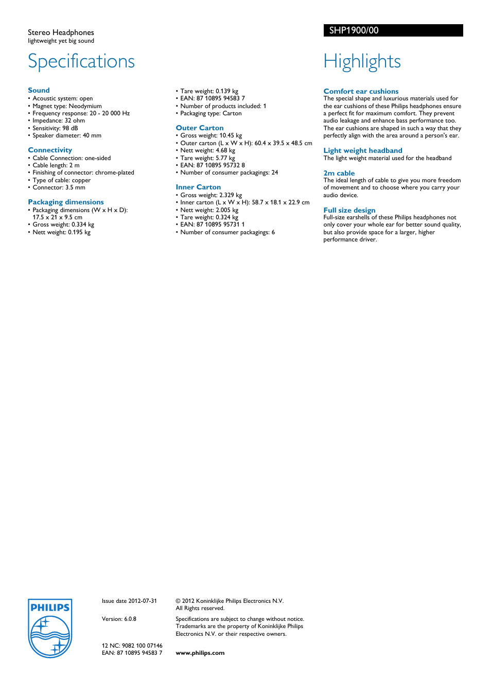 Specifications, Highlights | Philips SHP1900-00 User Manual | Page 2 / 2