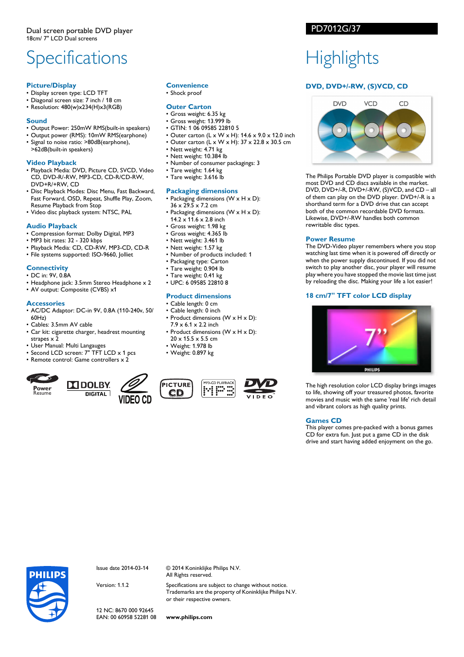 Specifications, Highlights | Philips PD7012G-37 User Manual | Page 2 / 2