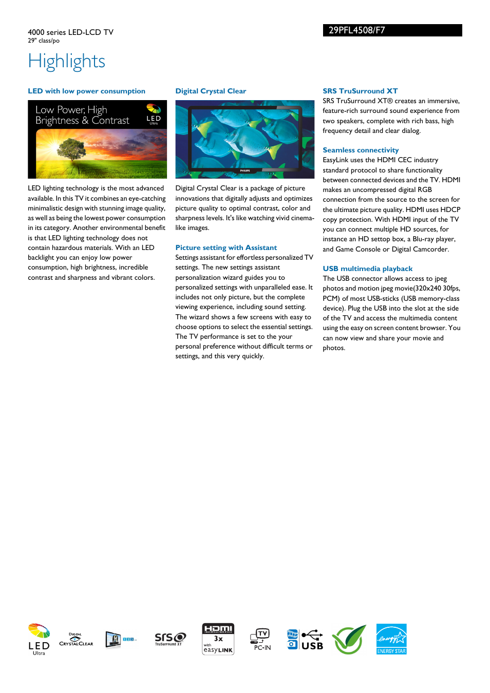Highlights | Philips 4000 series LED-LCD TV 29PFL4508 29" class-po User Manual | Page 2 / 3
