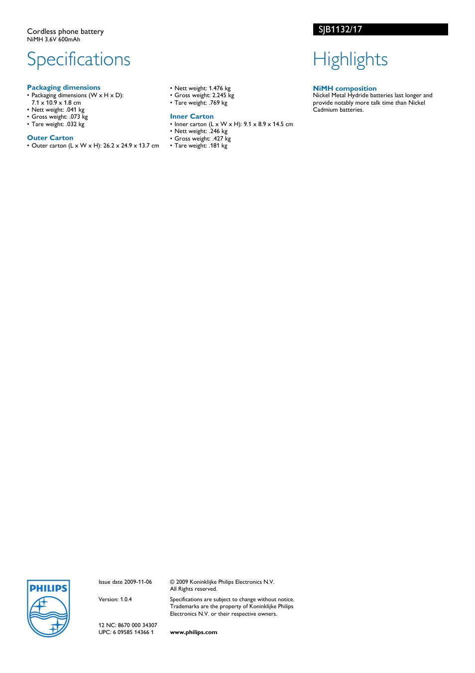 Specifications, Highlights | Philips SJB1132-17 User Manual | Page 2 / 2