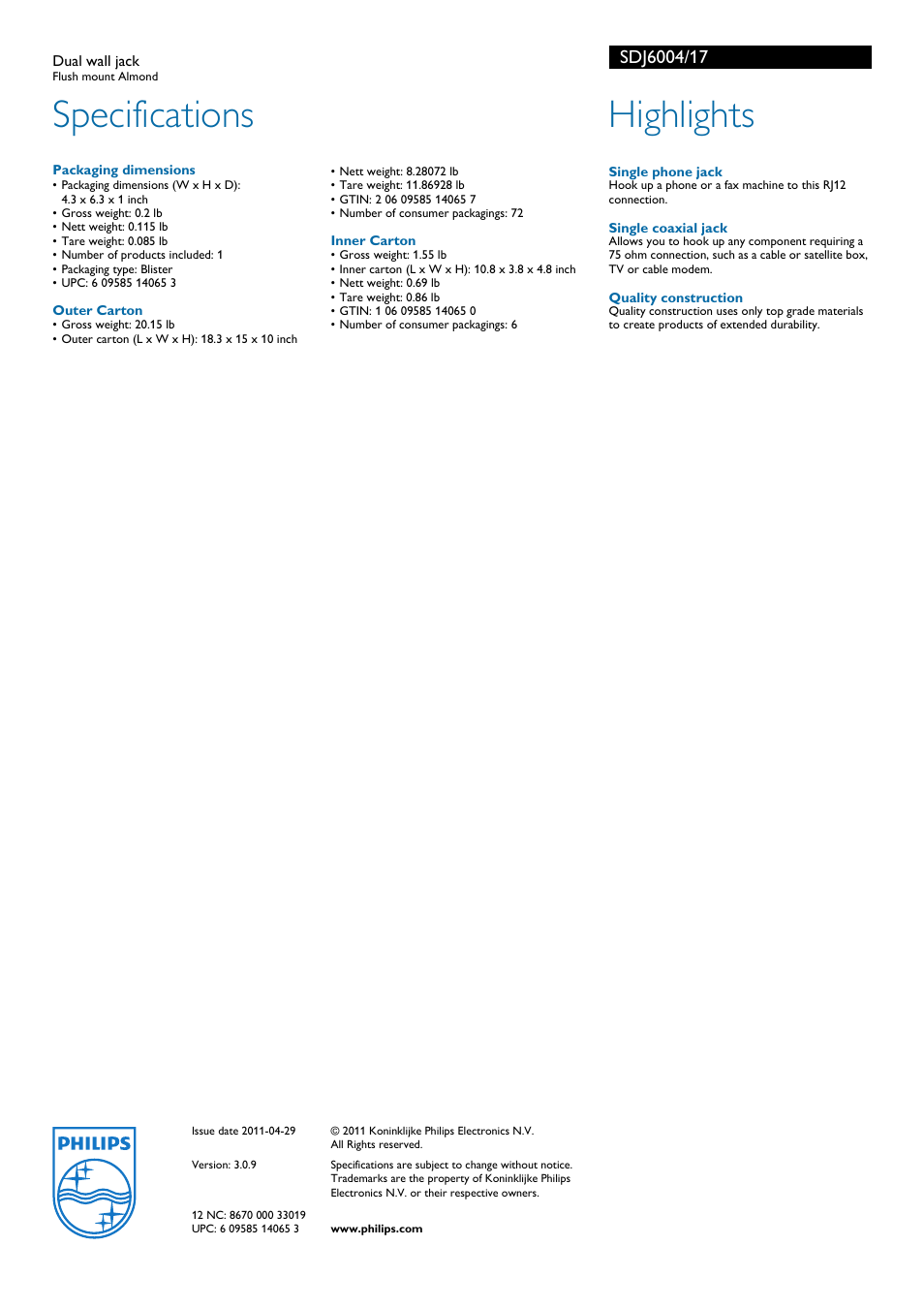 Specifications, Highlights | Philips SDJ6004-17 User Manual | Page 2 / 2