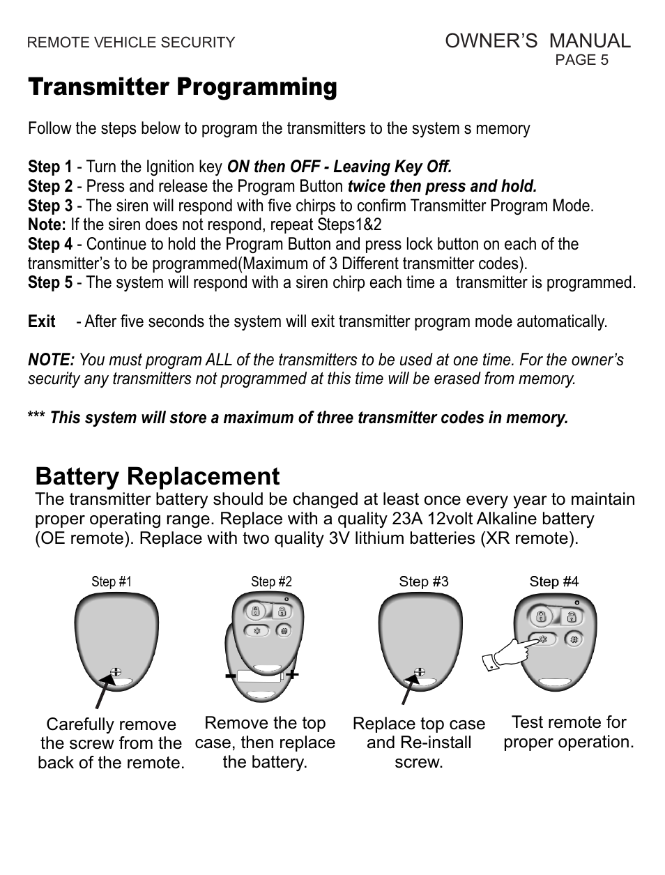 Battery replacement, Transmitter programming | Ultra Start CJ Series User Manual | Page 5 / 8