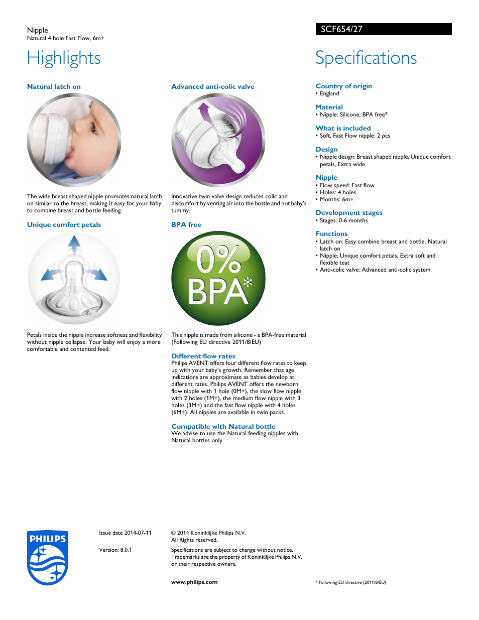 Highlights, Specifications | Philips AVENT Nipple SCF654-27 Natural 4 hole Fast Flow 6m+ User Manual | Page 2 / 2