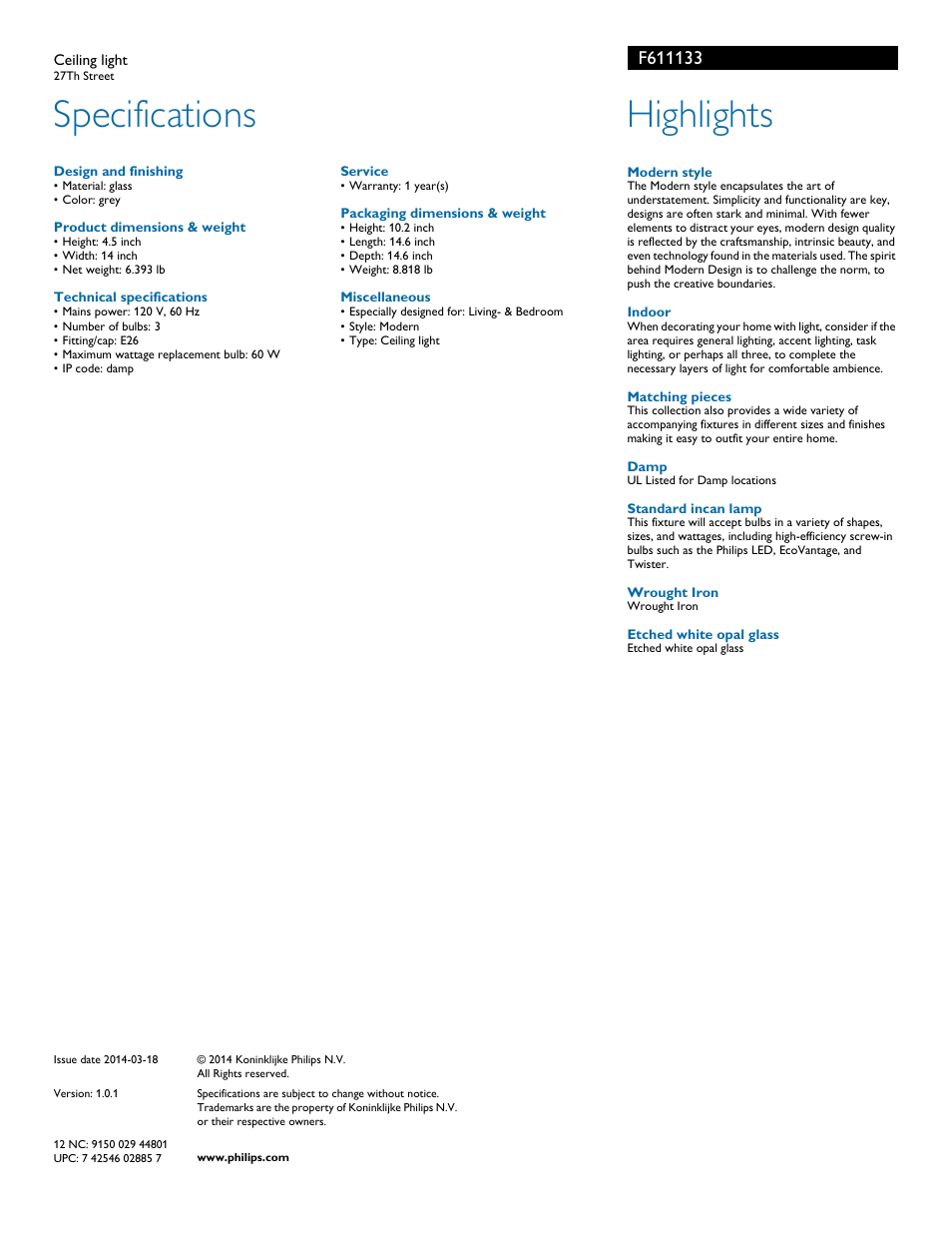 Specifications, Highlights | Philips Forecast Ceiling light F6111-33- 27Th Street User Manual | Page 2 / 2