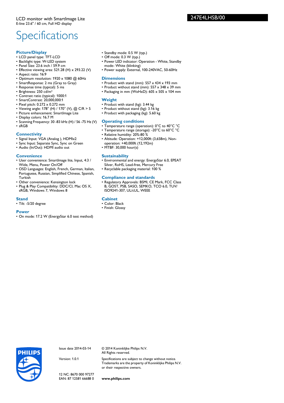 Specifications | Philips 247E4LHSB-00 User Manual | Page 3 / 3