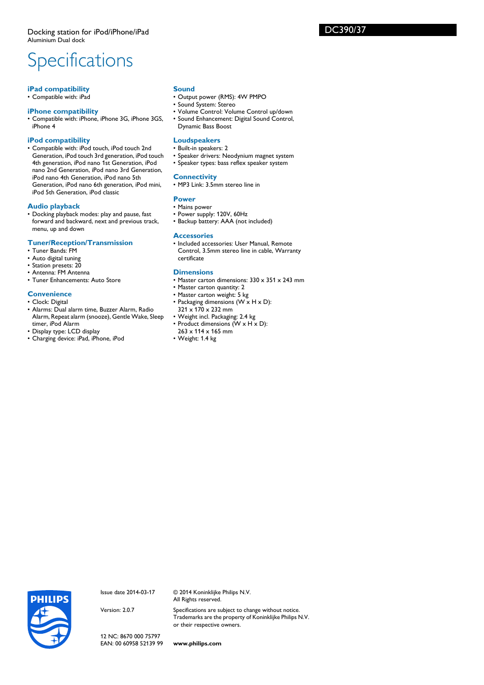 Specifications | Philips DC390-37 User Manual | Page 3 / 3