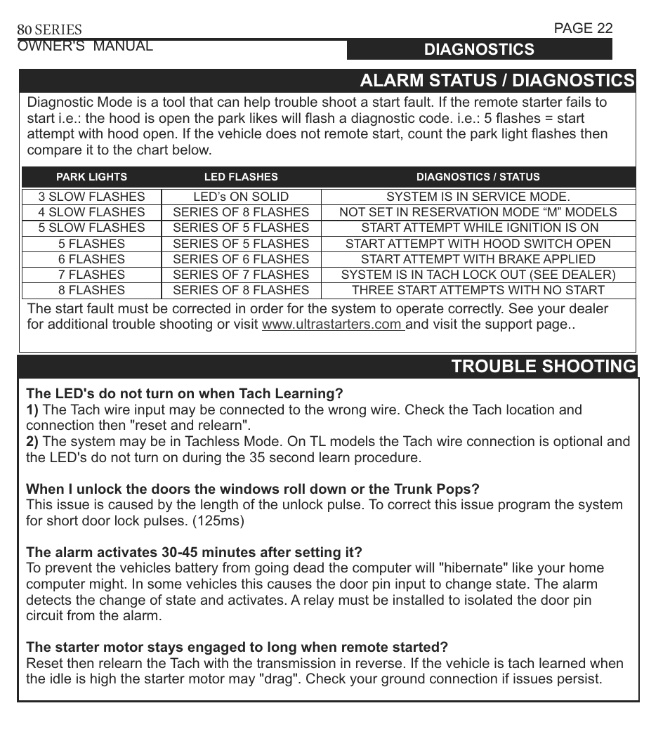 80 series, Alarm status / diagnostics, Trouble shooting | Ultra Start 80 Series User Manual | Page 22 / 24