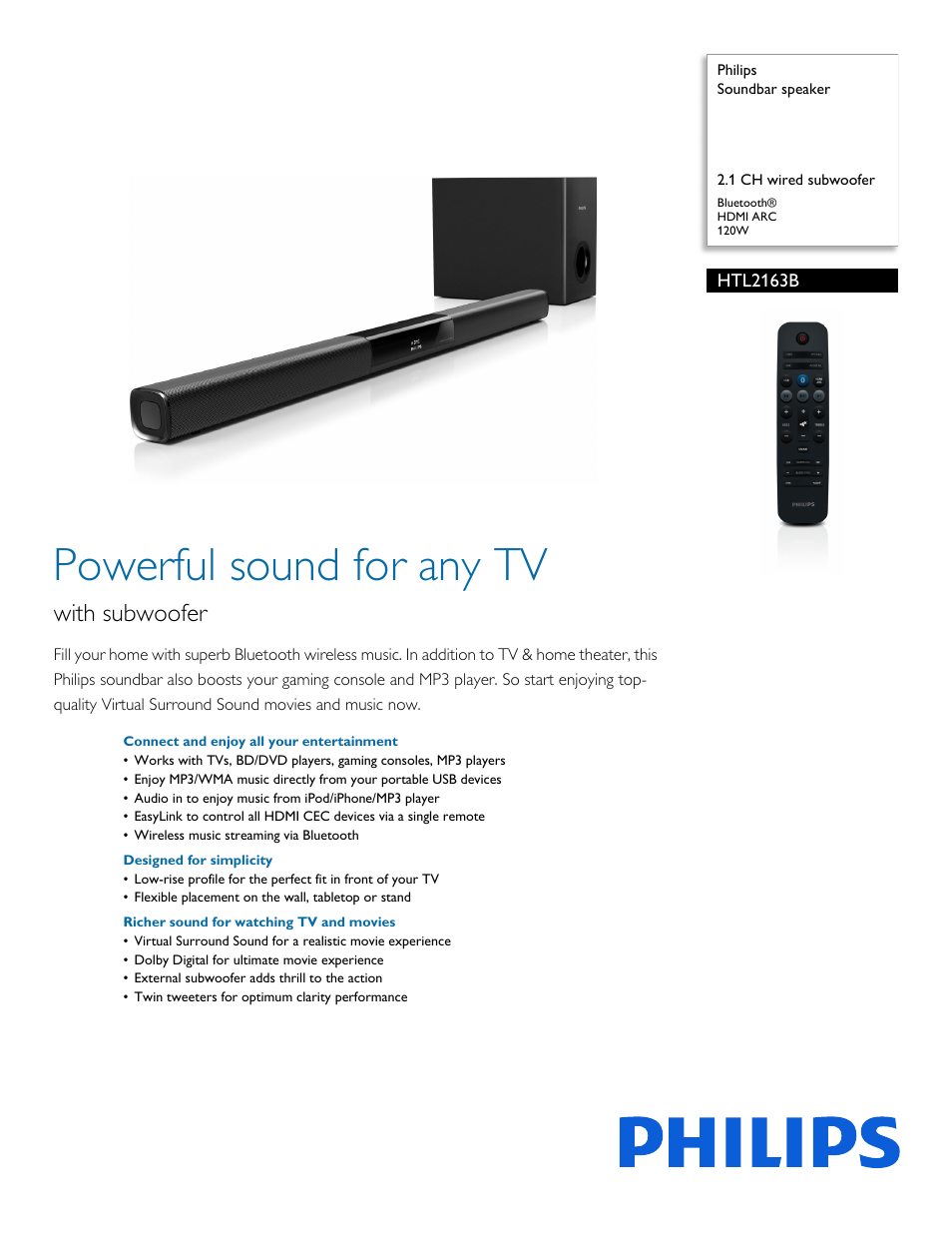 Philips HTL2163B-F7 User Manual | 3 pages