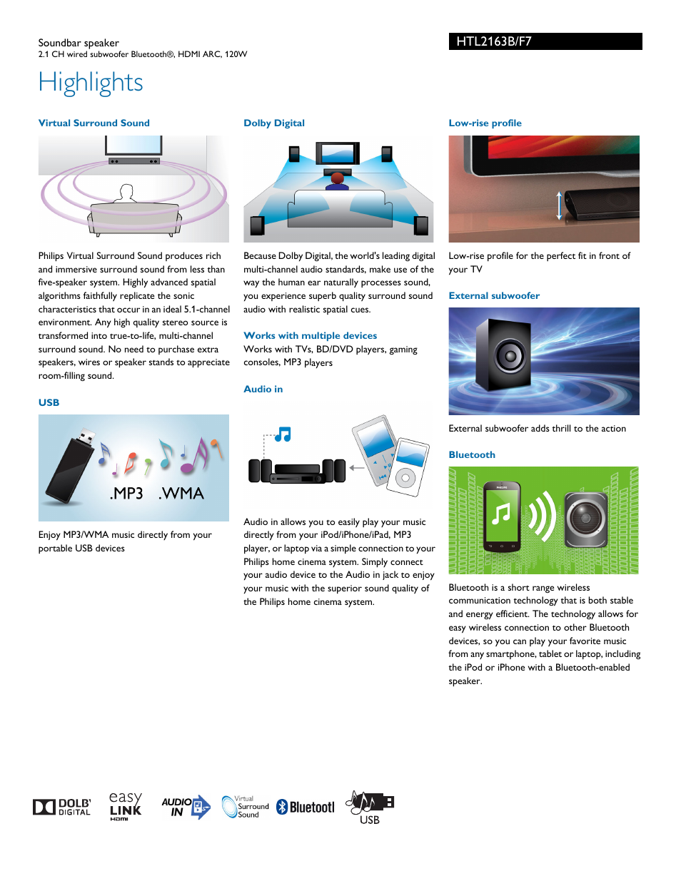 Highlights | Philips HTL2163B-F7 User Manual | Page 2 / 3
