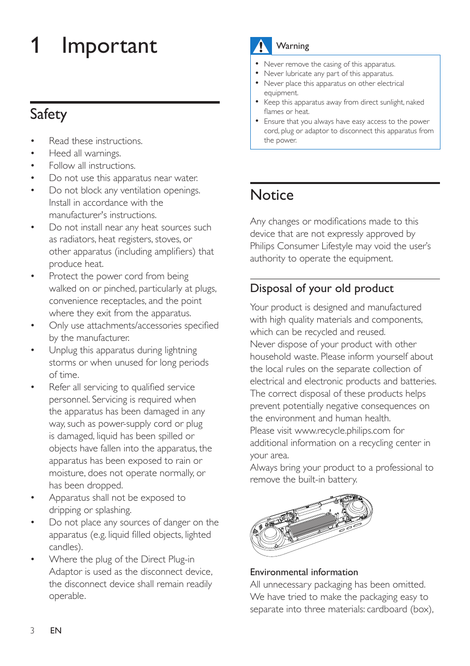 1 important, Safety, Notice | Philips DS7580-37 User Manual | Page 3 / 9